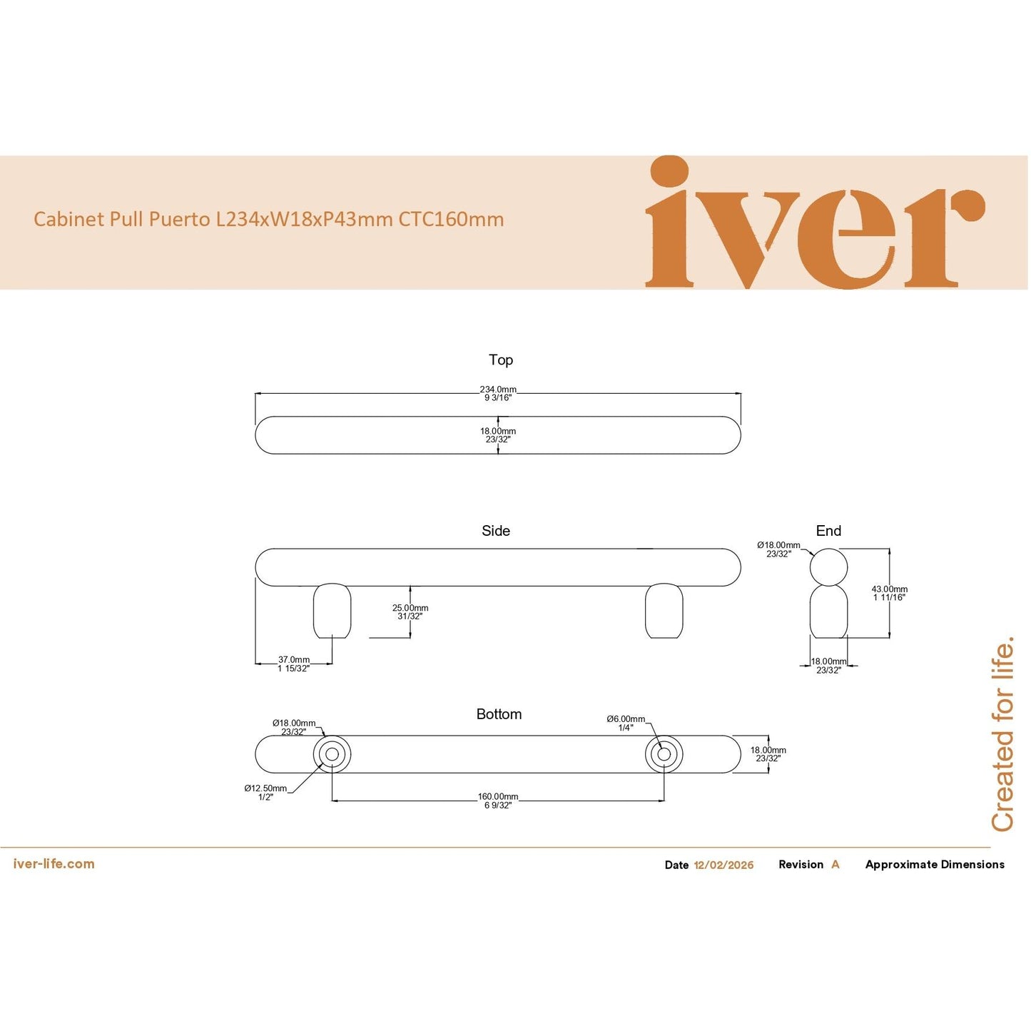 Iver Cabinet Pull Puerto Signature Brass CTC160mm