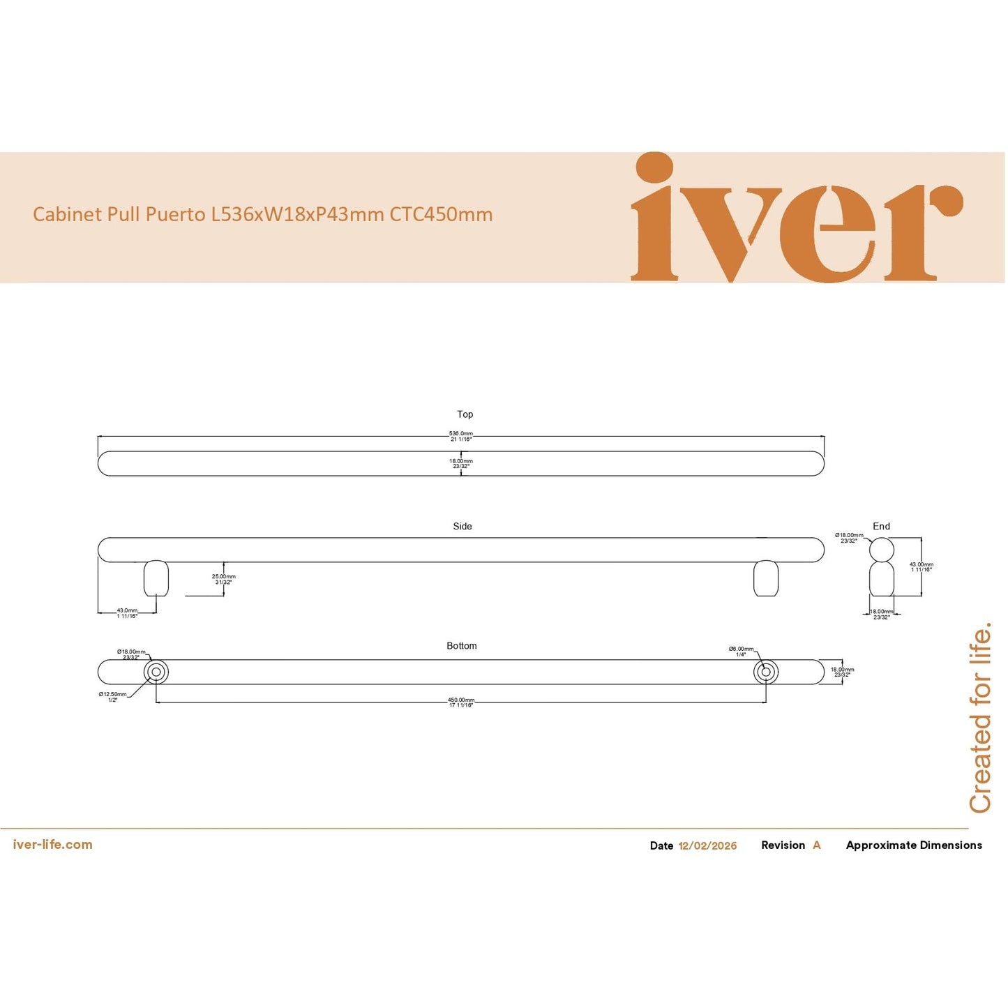 Iver Cabinet Pull Puerto Signature Brass CTC450mm
