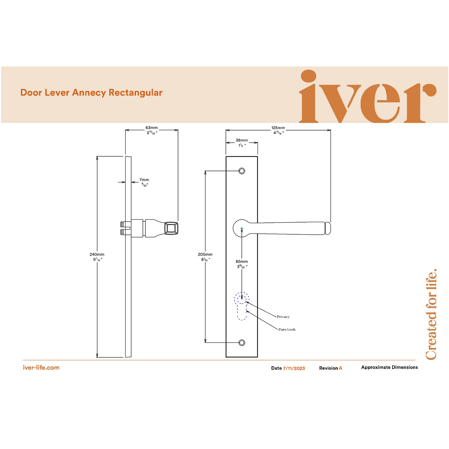 Iver Door Handle Annecy Rectangular Privacy Pair Satin Nickel