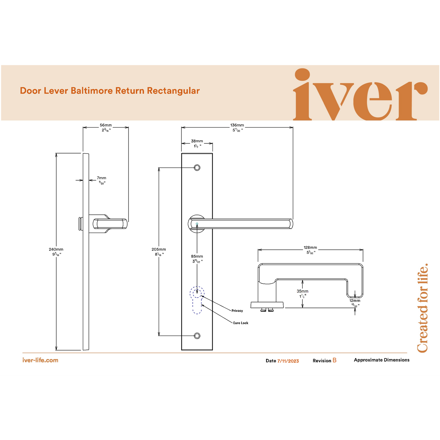 Iver Door Handle Baltimore Return Rectangular Euro Pair Matt Black