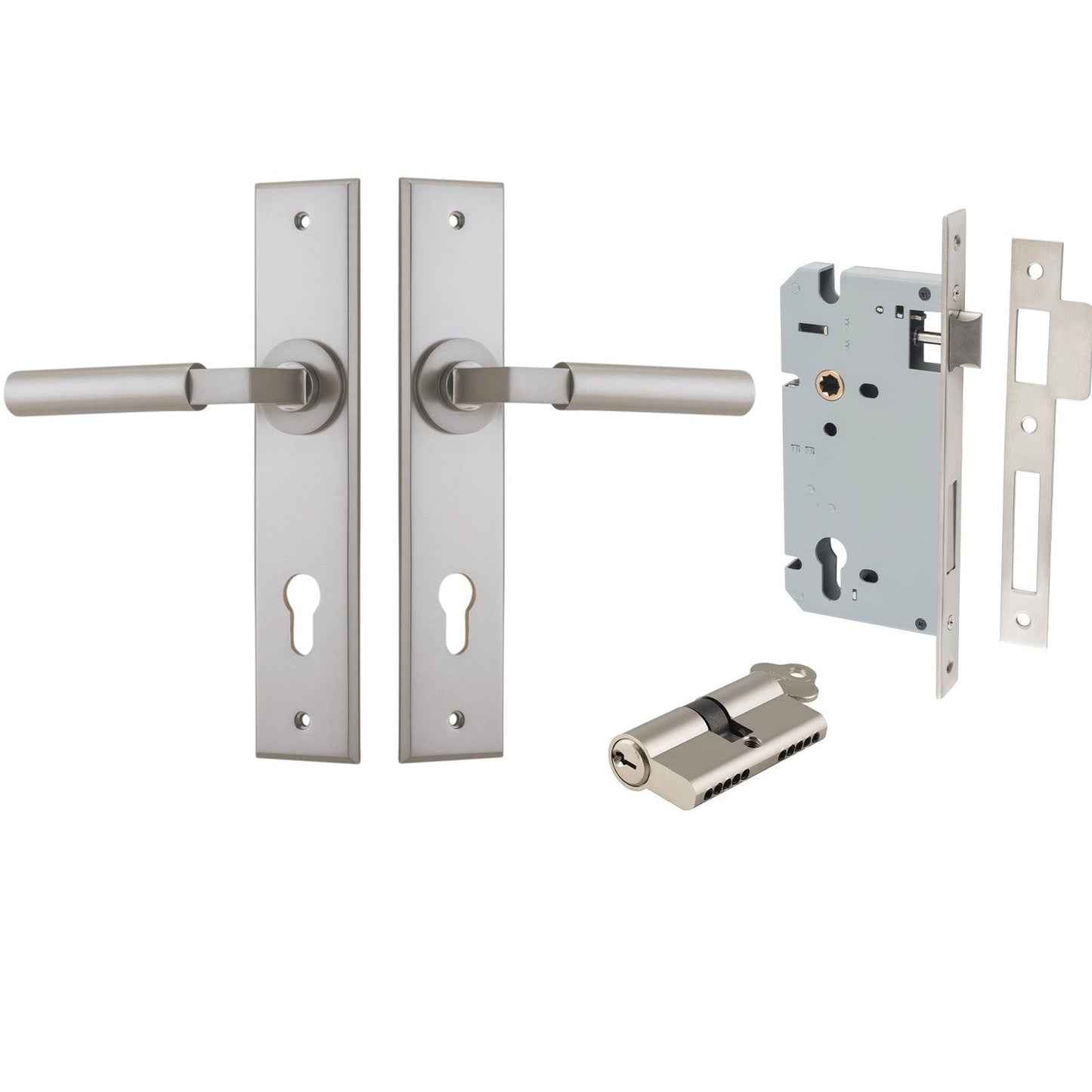 Iver Door Handle Berlin Chamfered Key/Key Satin Nickel Entrance Kit