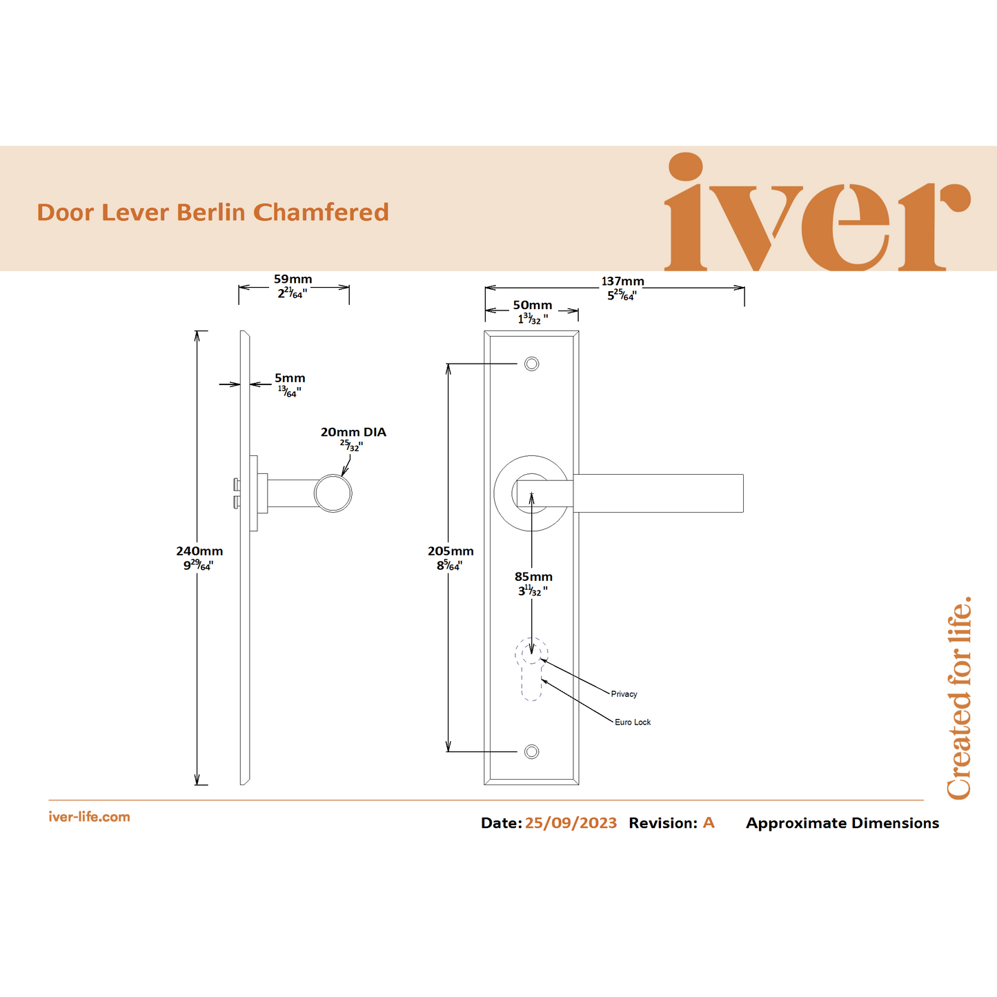 Iver Door Handle Berlin Chamfered Key/Thumb Brushed Brass Entrance Kit