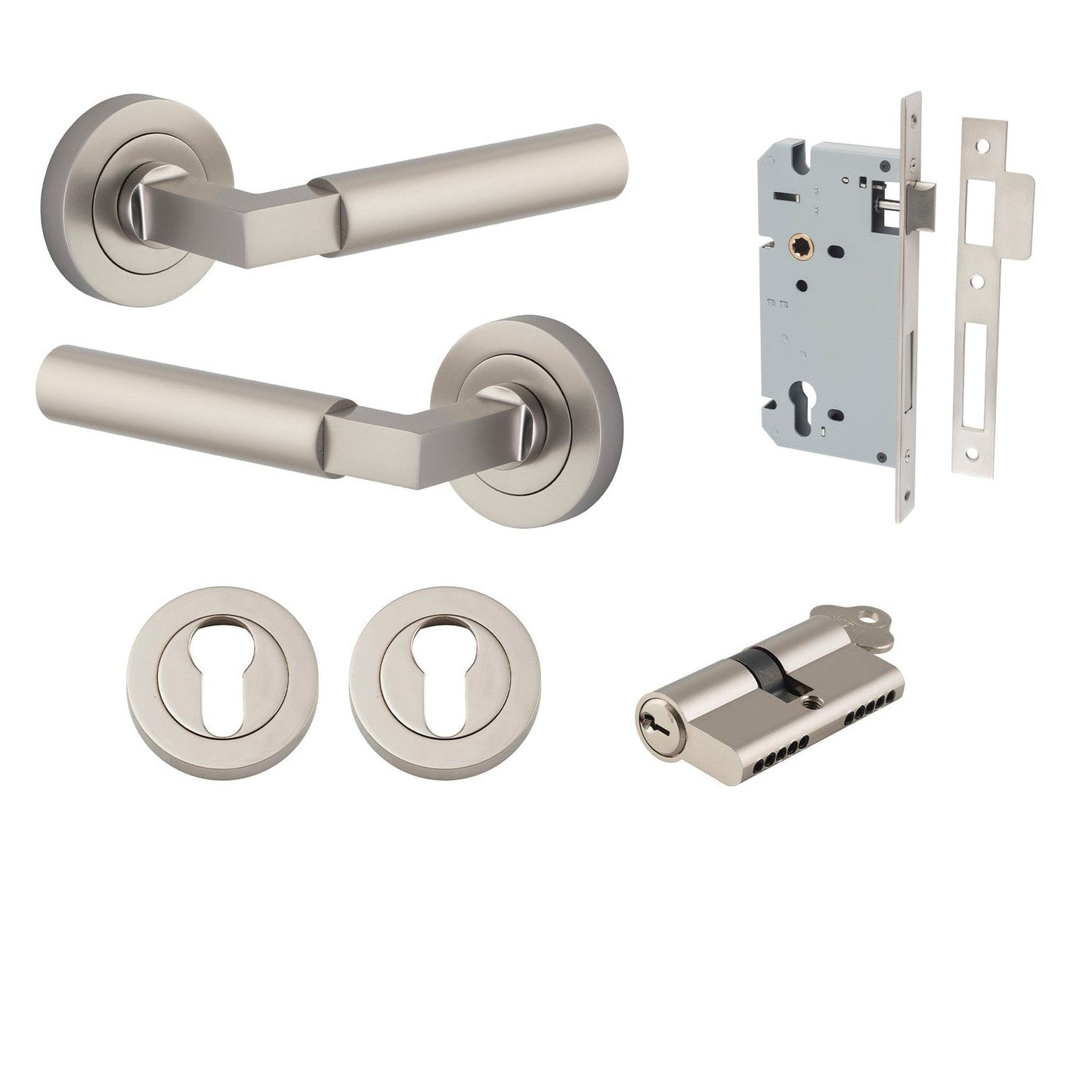 Iver Door Handle Berlin Rose Round Pair Key/Key Satin Nickel Entrance Kit