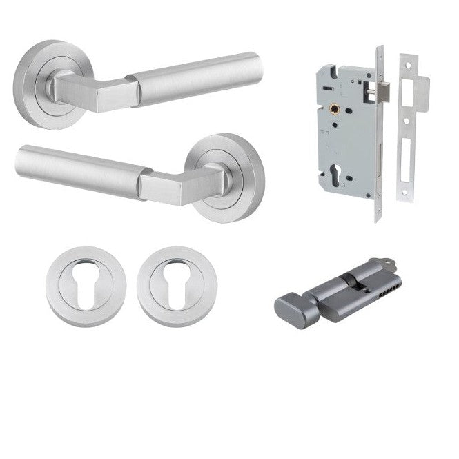 Iver Door Handle Berlin Rose Round Pair Key/Thumb Brushed Chrome Entrance Kit