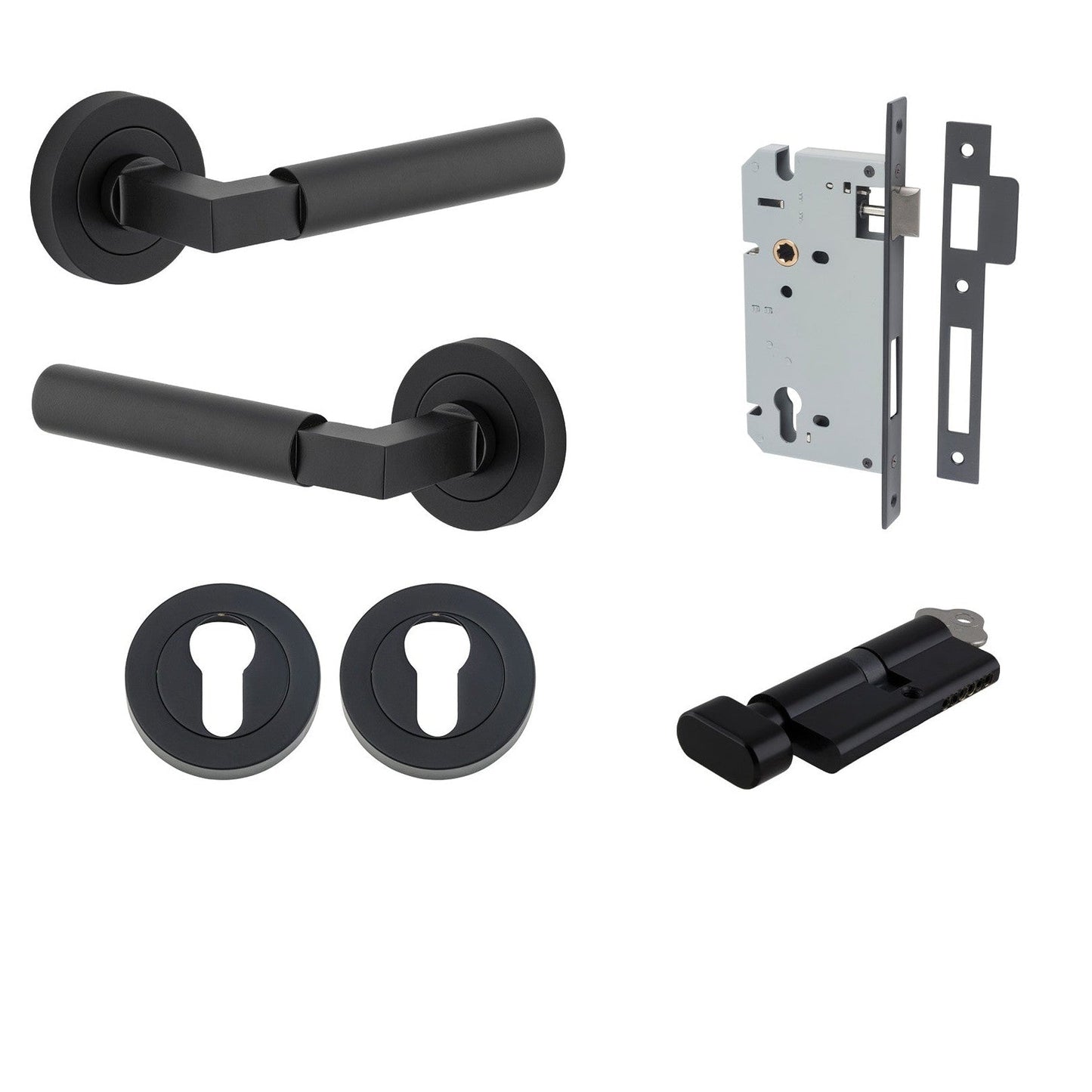 Iver Door Handle Berlin Rose Round Pair Key/Thumb Matt Black Entrance Kit