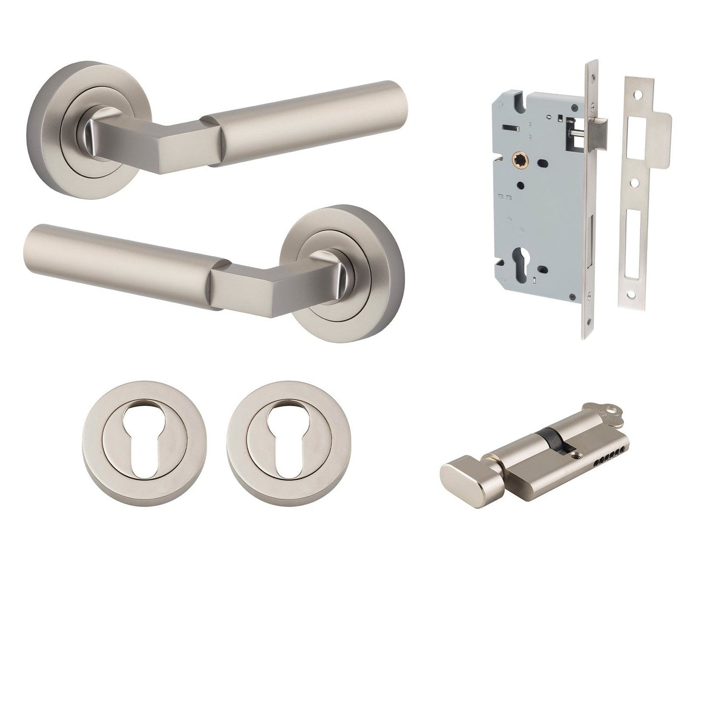 Iver Door Handle Berlin Rose Round Pair Key/Thumb Satin Nickel Entrance Kit