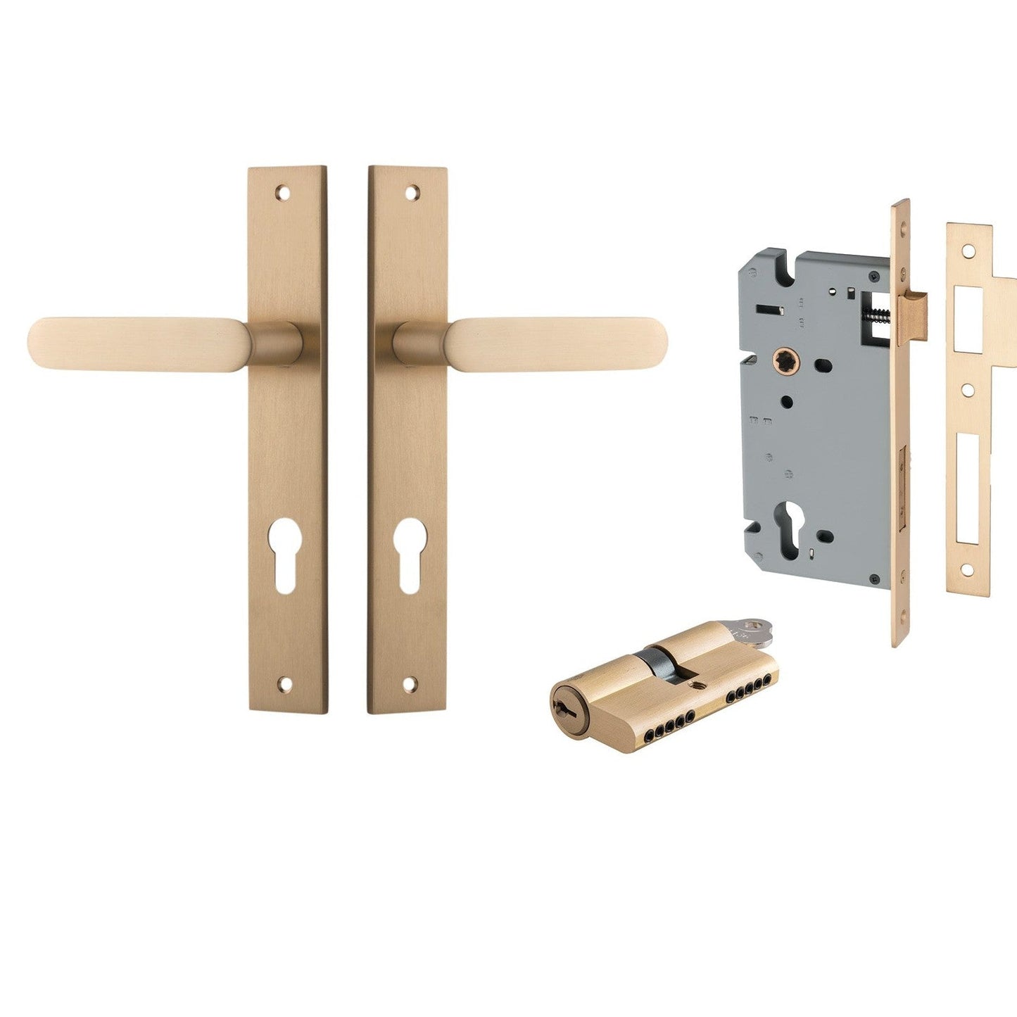 Iver Door Handle Bronte Rectangular Euro Pair Key/Key Brushed Brass Entrance Kit