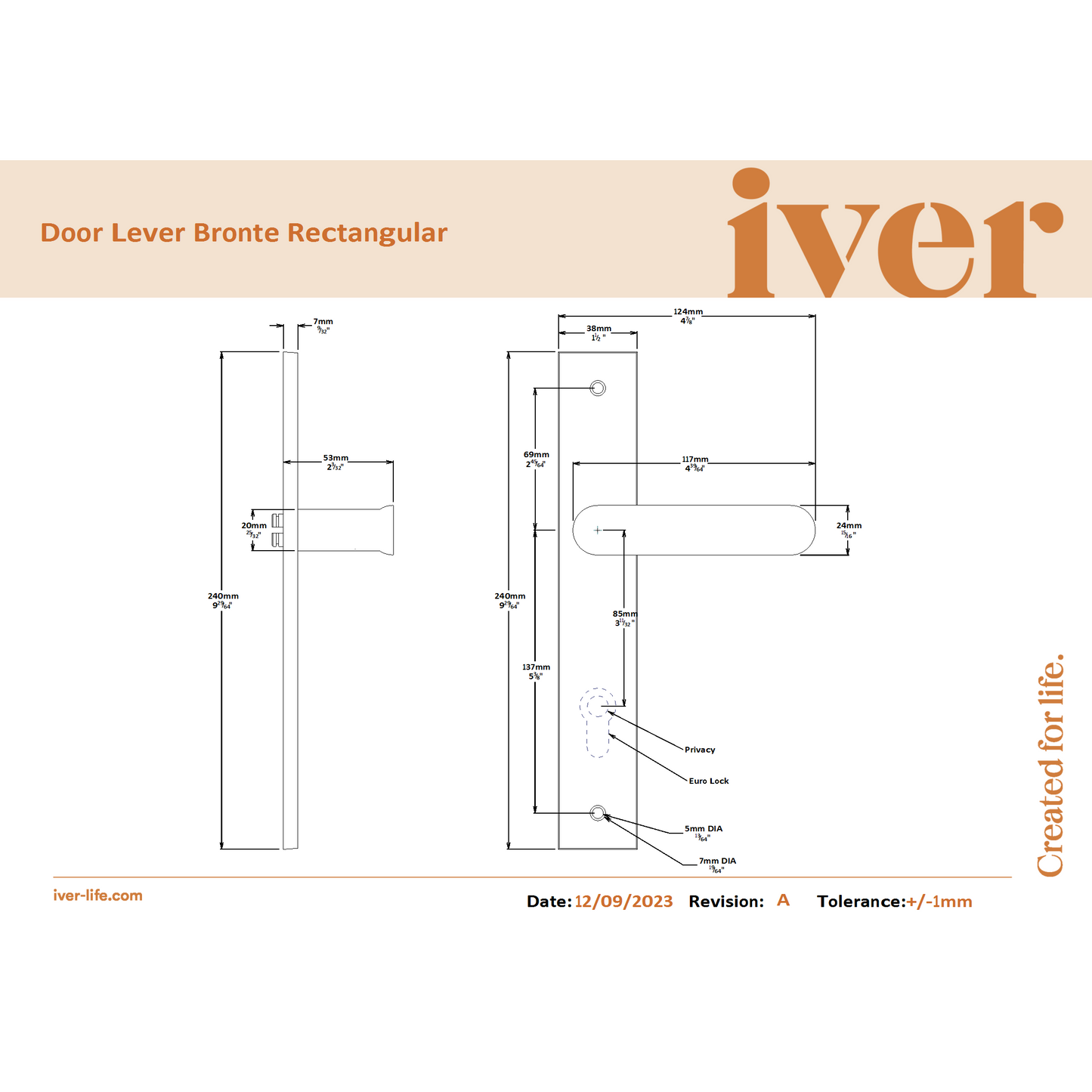 Iver Door Handle Bronte Rectangular Privacy Satin Nickel Privacy Kit