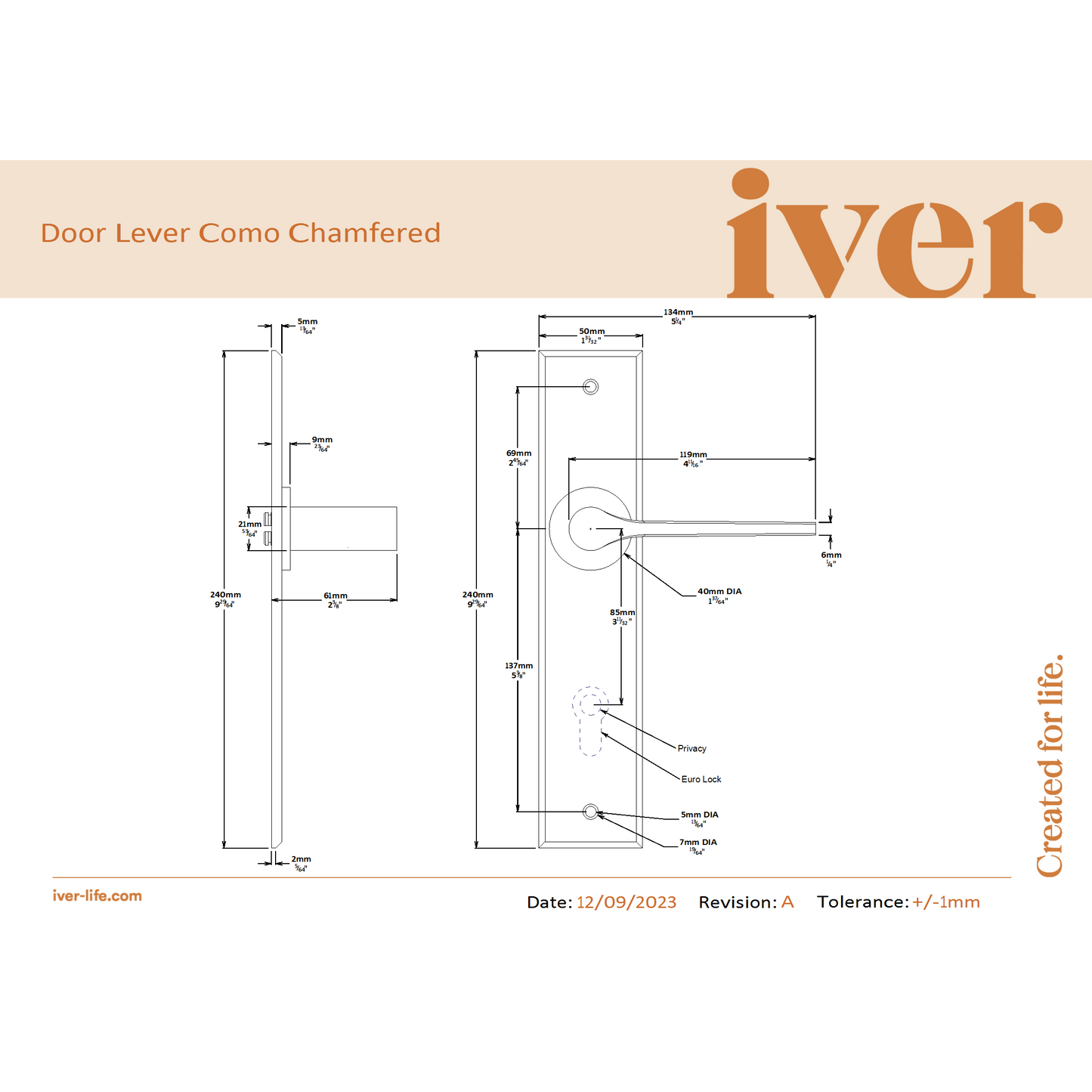Iver Door Handle Como Chamfered Key/Key Brushed Chrome Entrance Kit