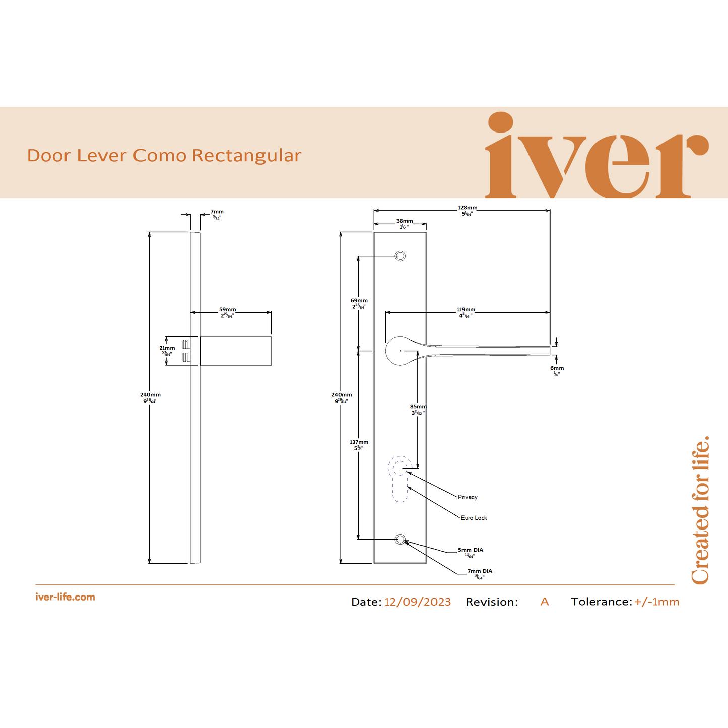 Iver Door Handle Como Rectangular Matt Black Passage Kit