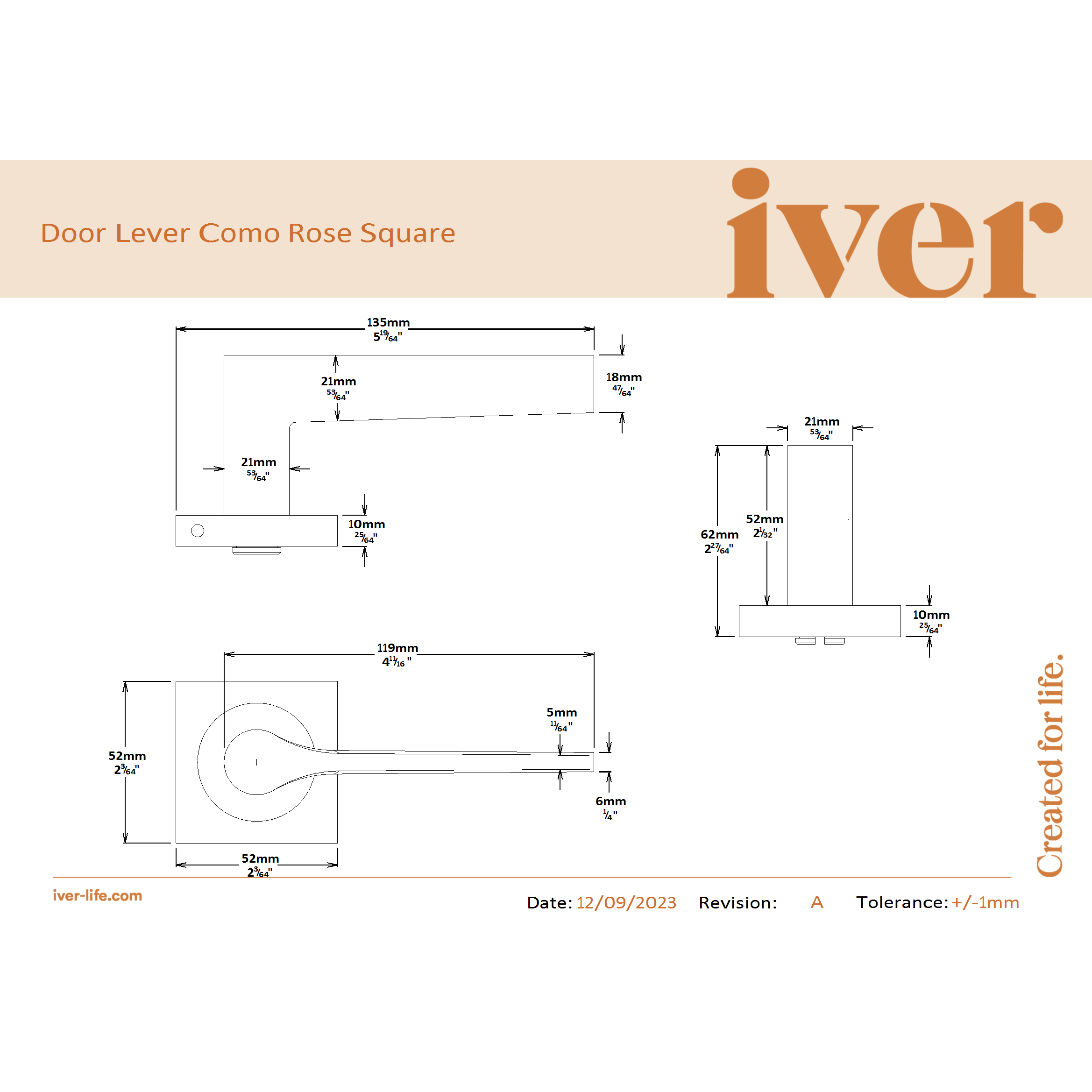 Iver Door Handle Como Square Rose Pair Signature Brass