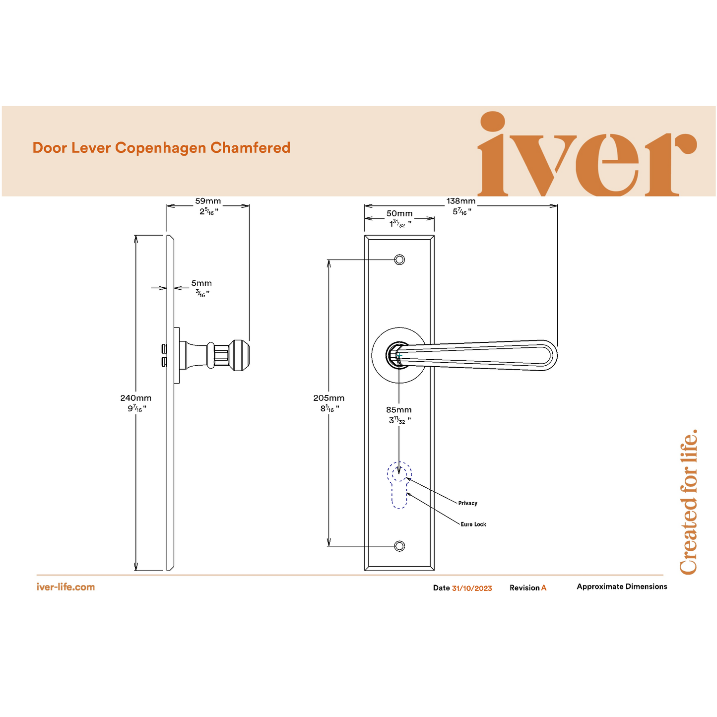 Iver Door Handle Copenhagen Chamfered Euro Pair Brushed Brass