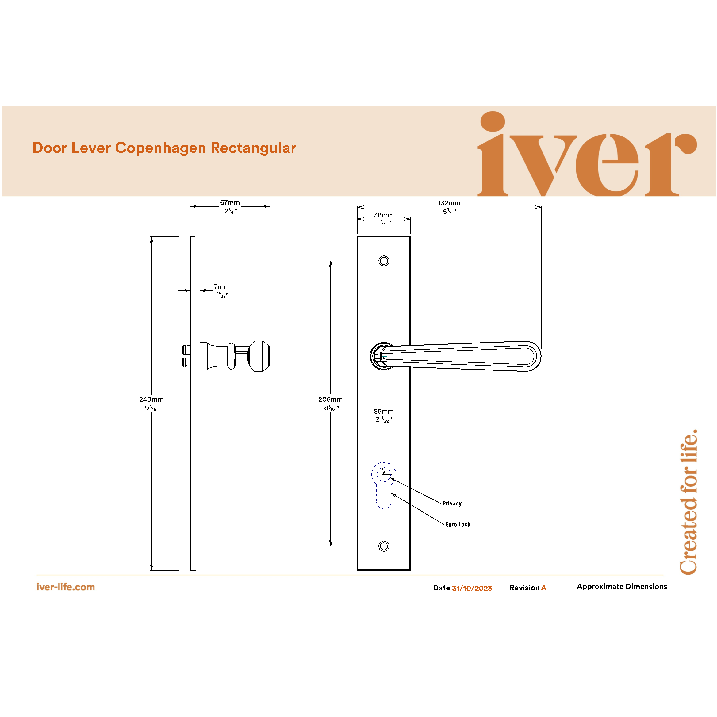 Iver Door Handle Copenhagen Rectangular Euro Pair Brushed Brass