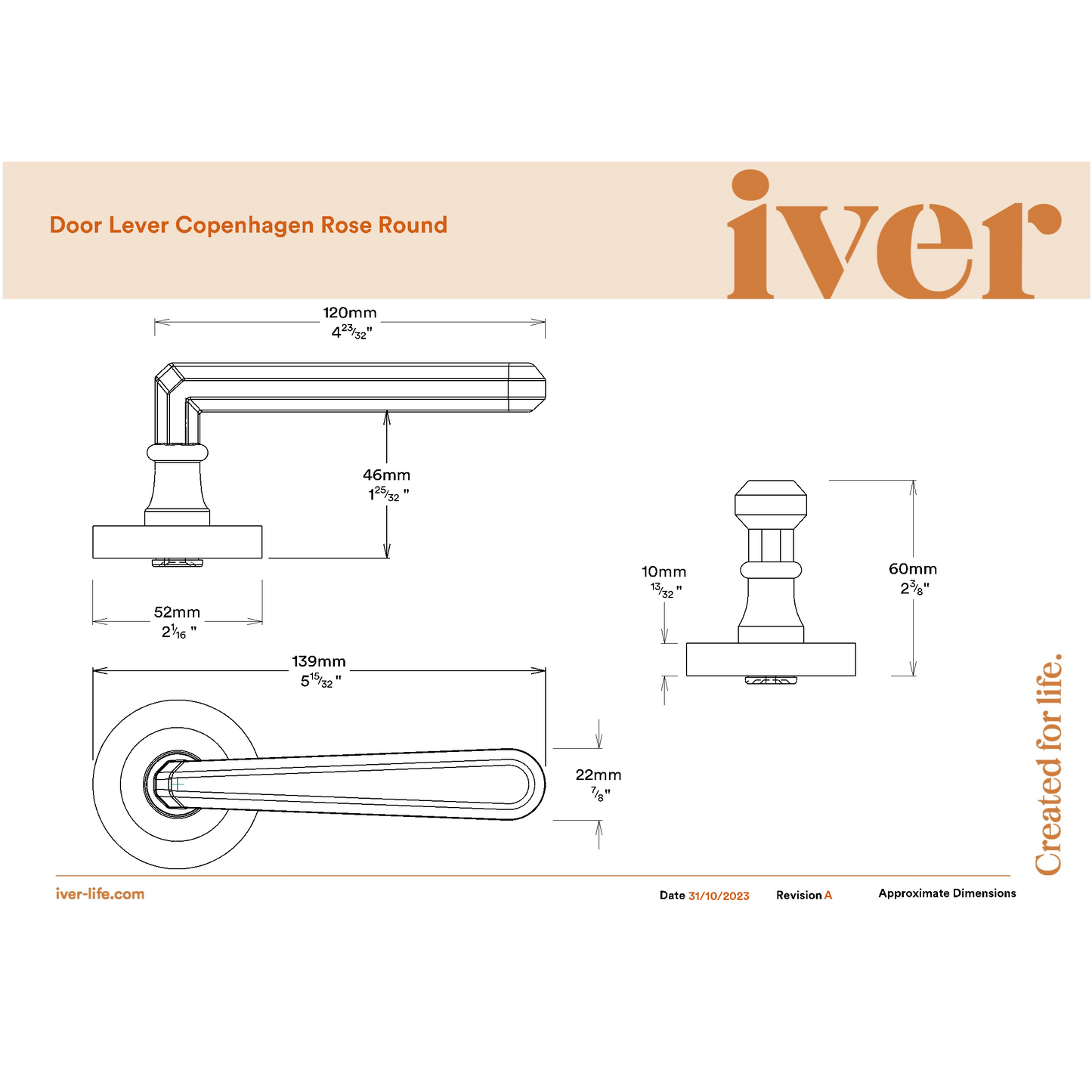 Iver Door Handle Copenhagen Round Rose Pair Brushed Brass