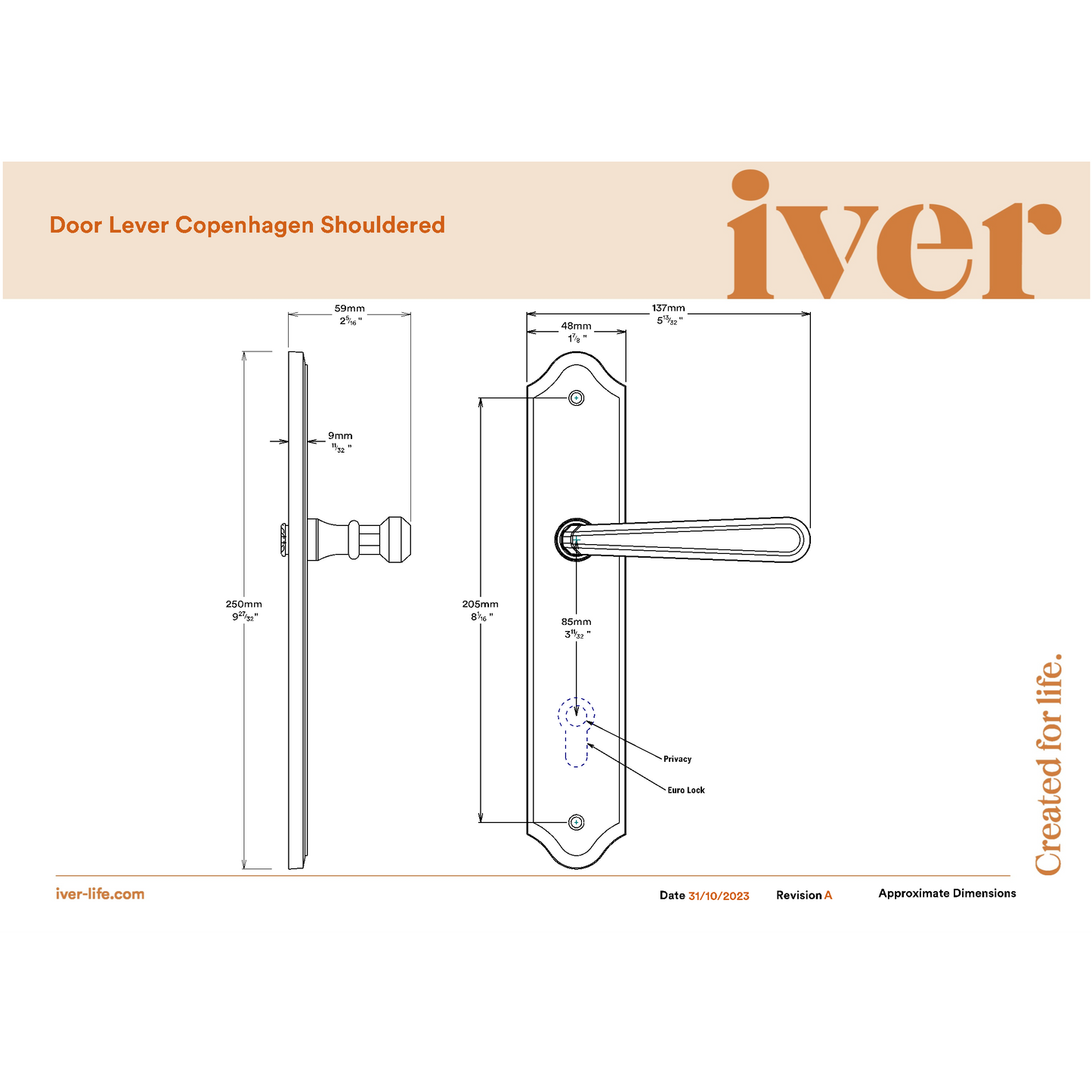 Iver Door Handle Copenhagen Shouldered Euro Pair Brushed Brass
