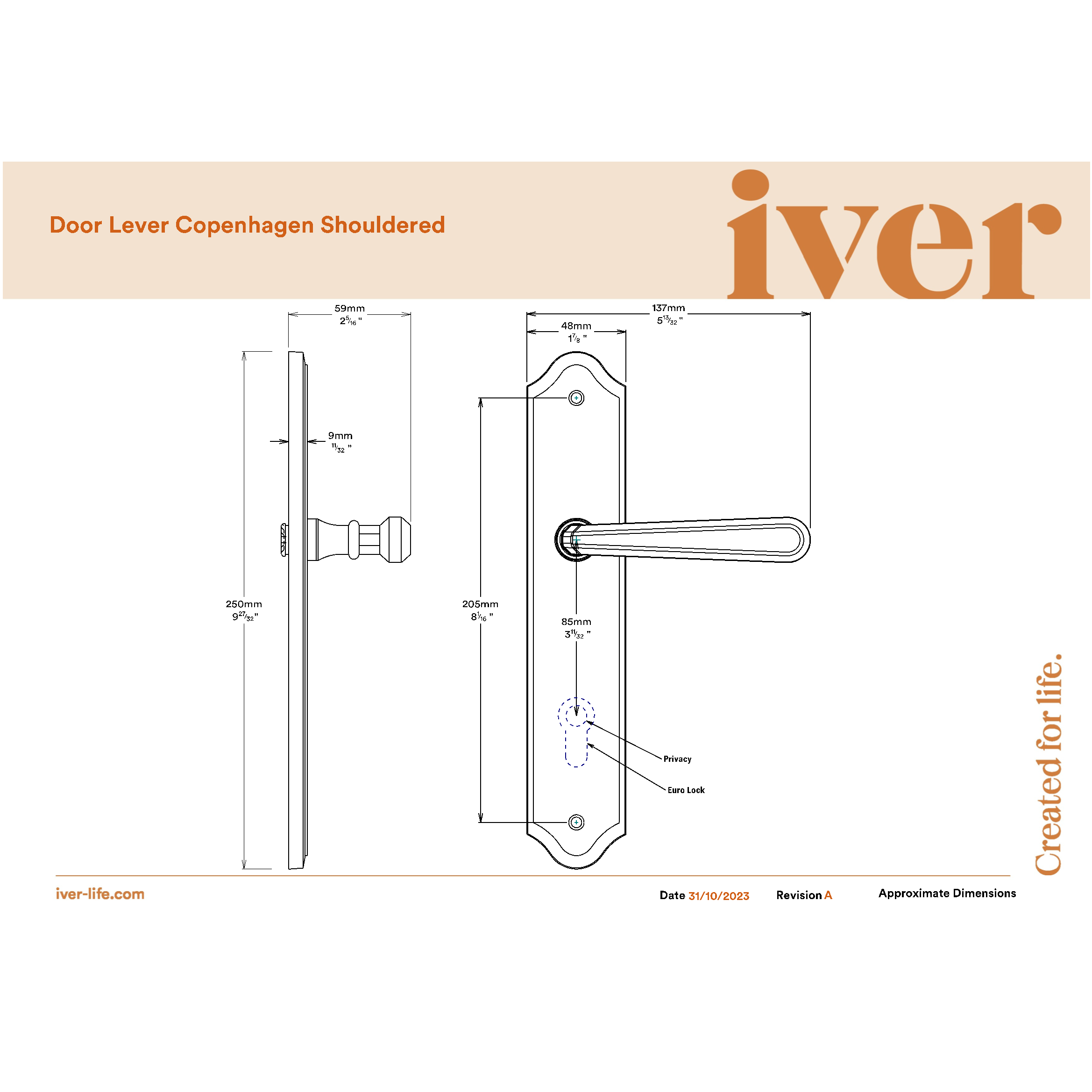 Iver Door Handle Copenhagen Shouldered Privacy Pair Brushed Brass