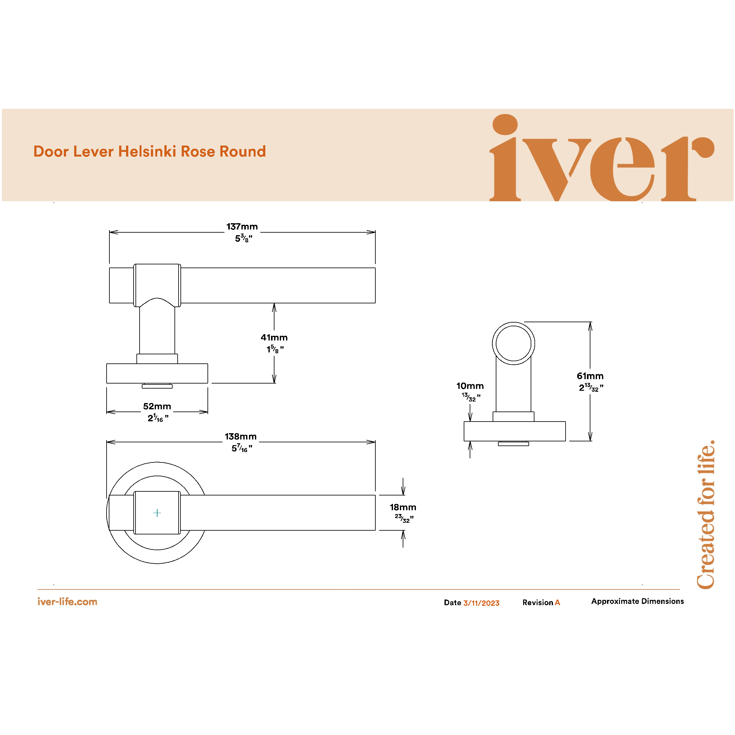 Iver Door Handle Helsinki Round Rose Pair Brushed Brass