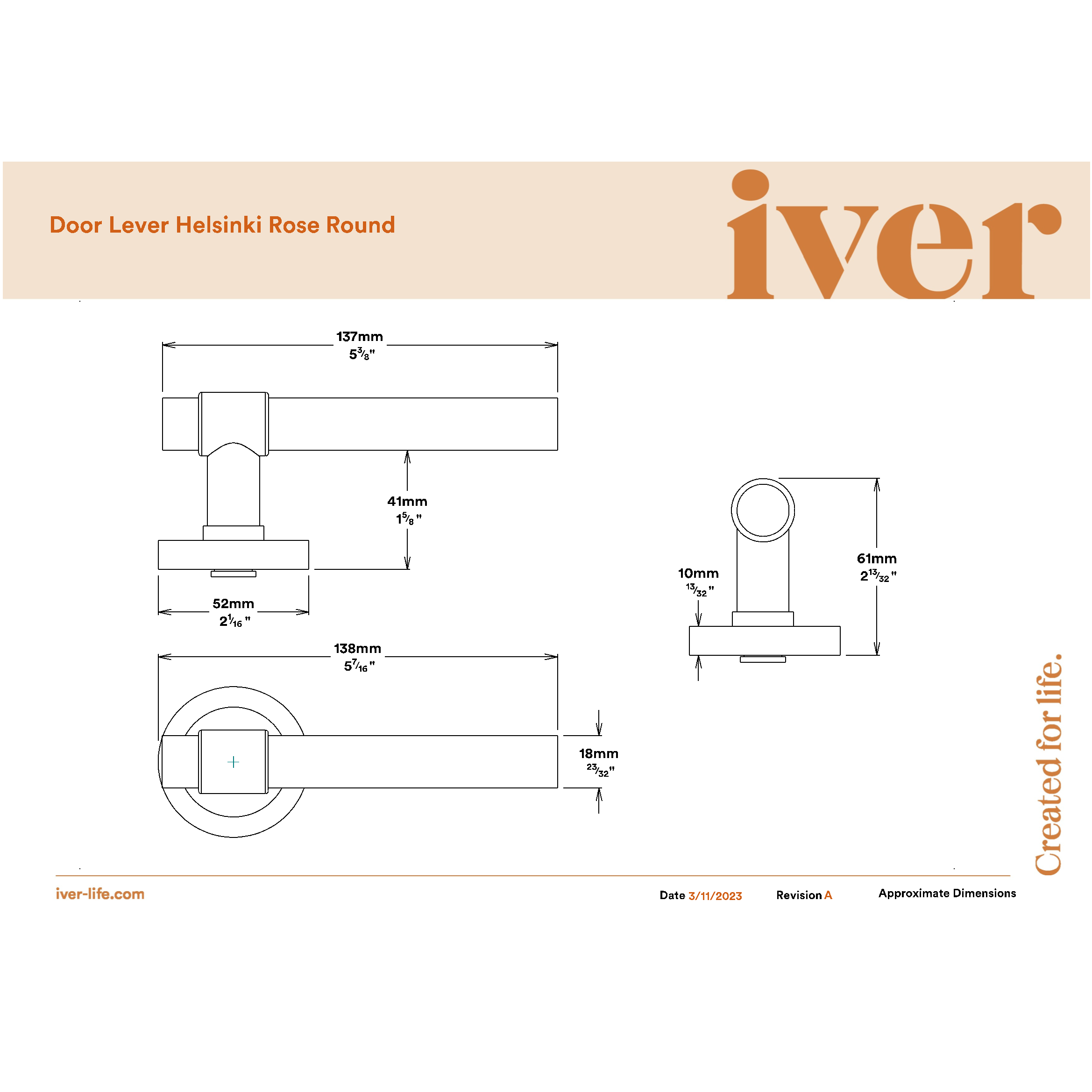 Iver Door Handle Helsinki Round Rose Pair Brushed Gold PVD