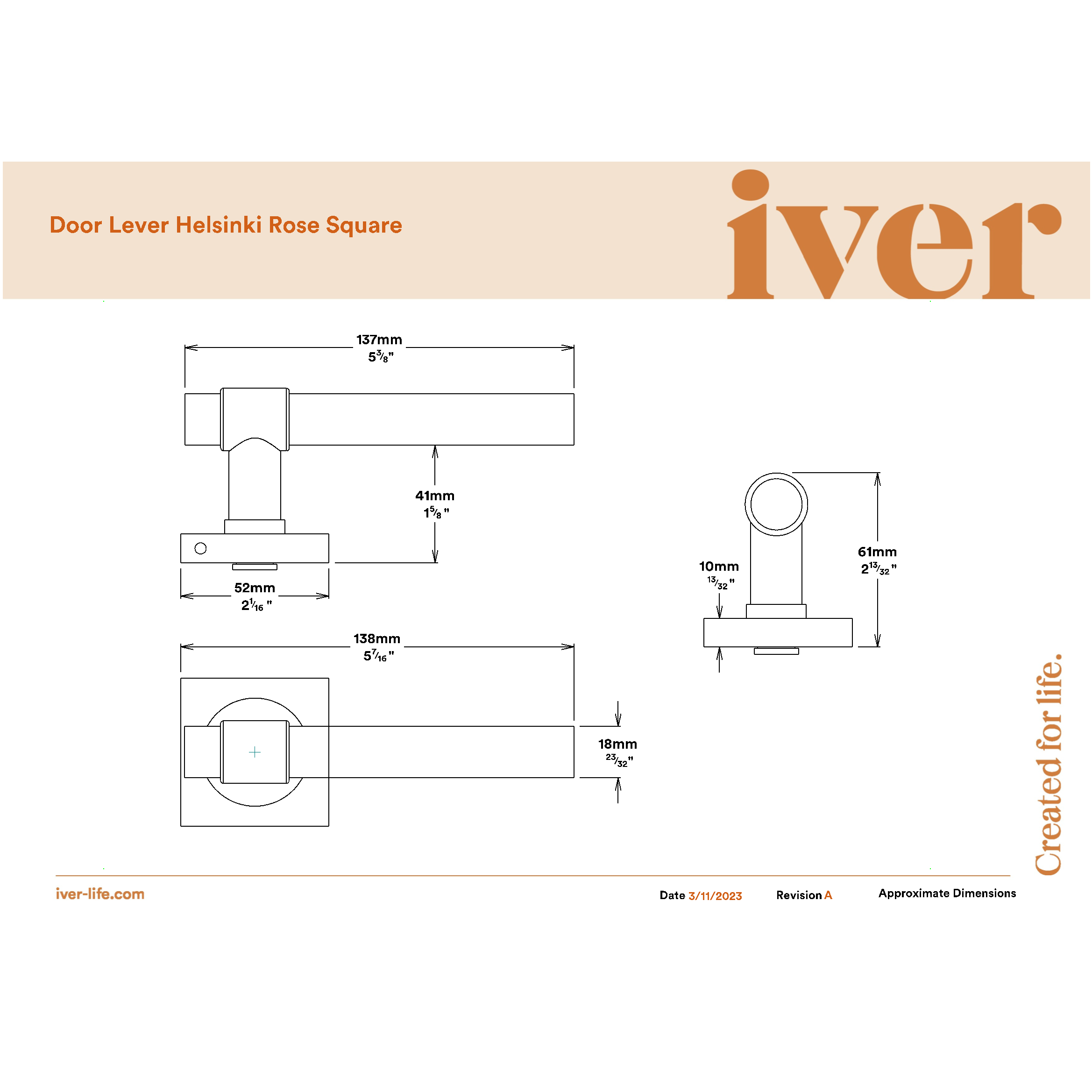 Iver Door Handle Helsinki Square Rose Brushed Gold PVD