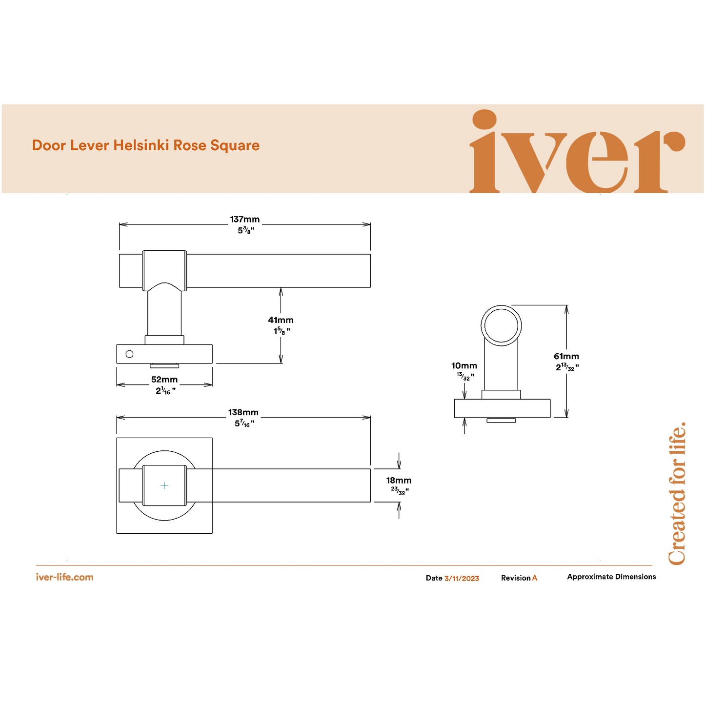 Iver Door Handle Helsinki Square Rose Pair Brushed Brass