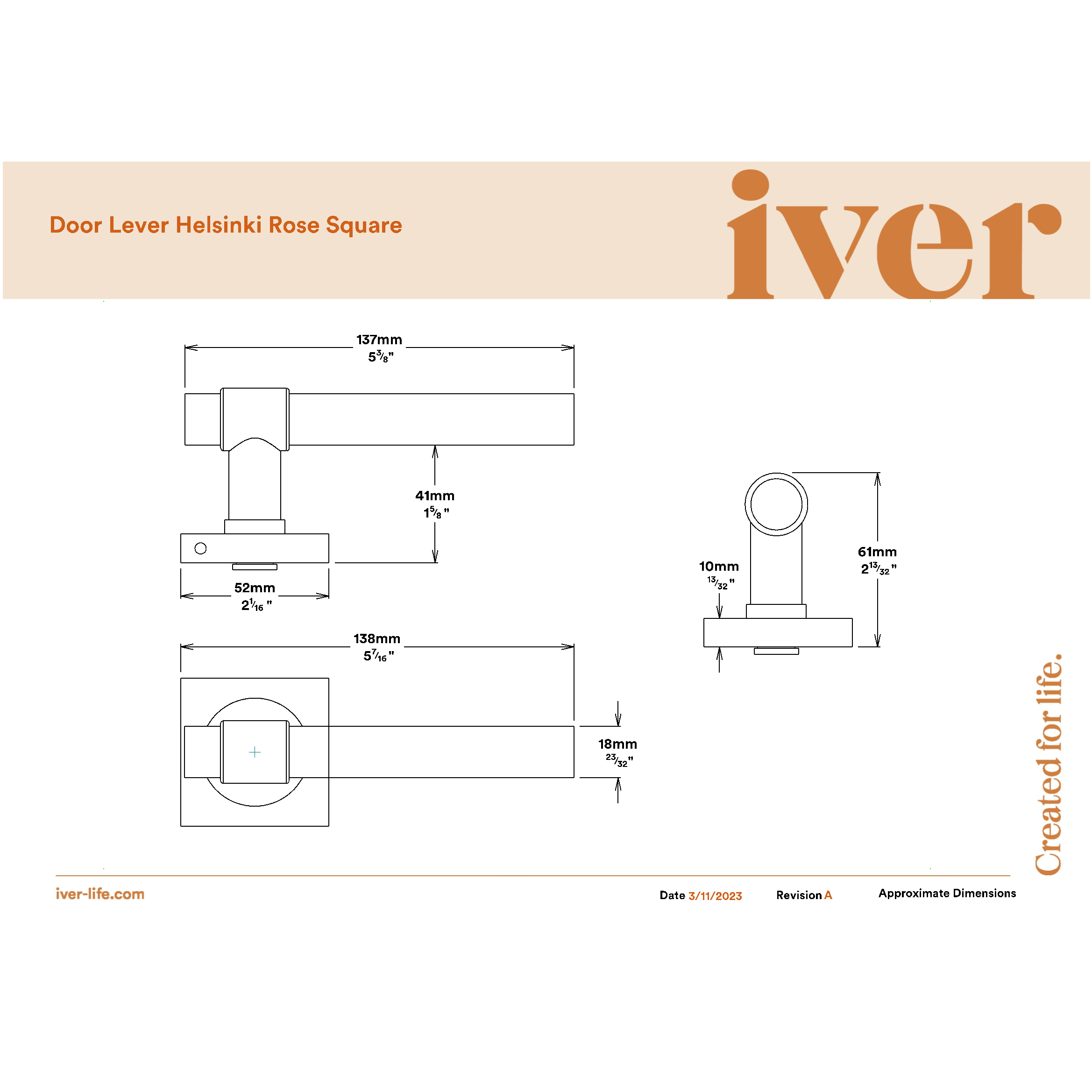 Iver Door Handle Helsinki Square Rose Pair Brushed Brass