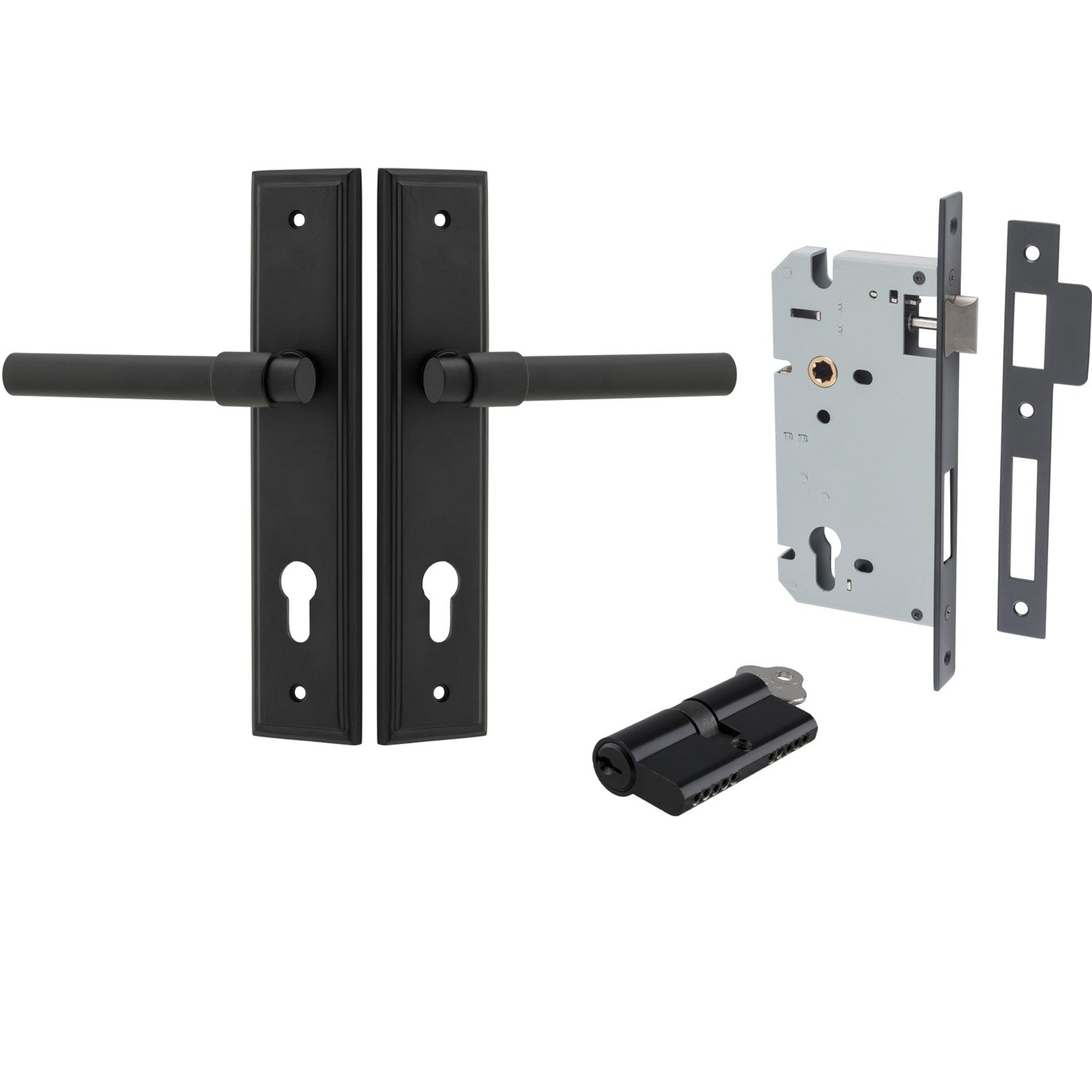 Iver Door Handle Helsinki Stepped Euro Pair Key/Key Matt Black Entrance Kit