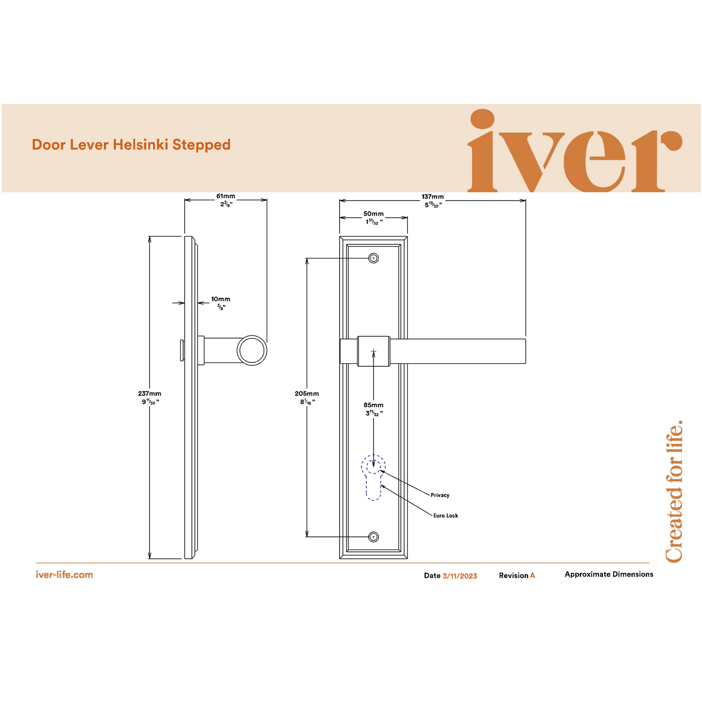 Iver Door Handle Helsinki Stepped Euro Pair Signature Brass