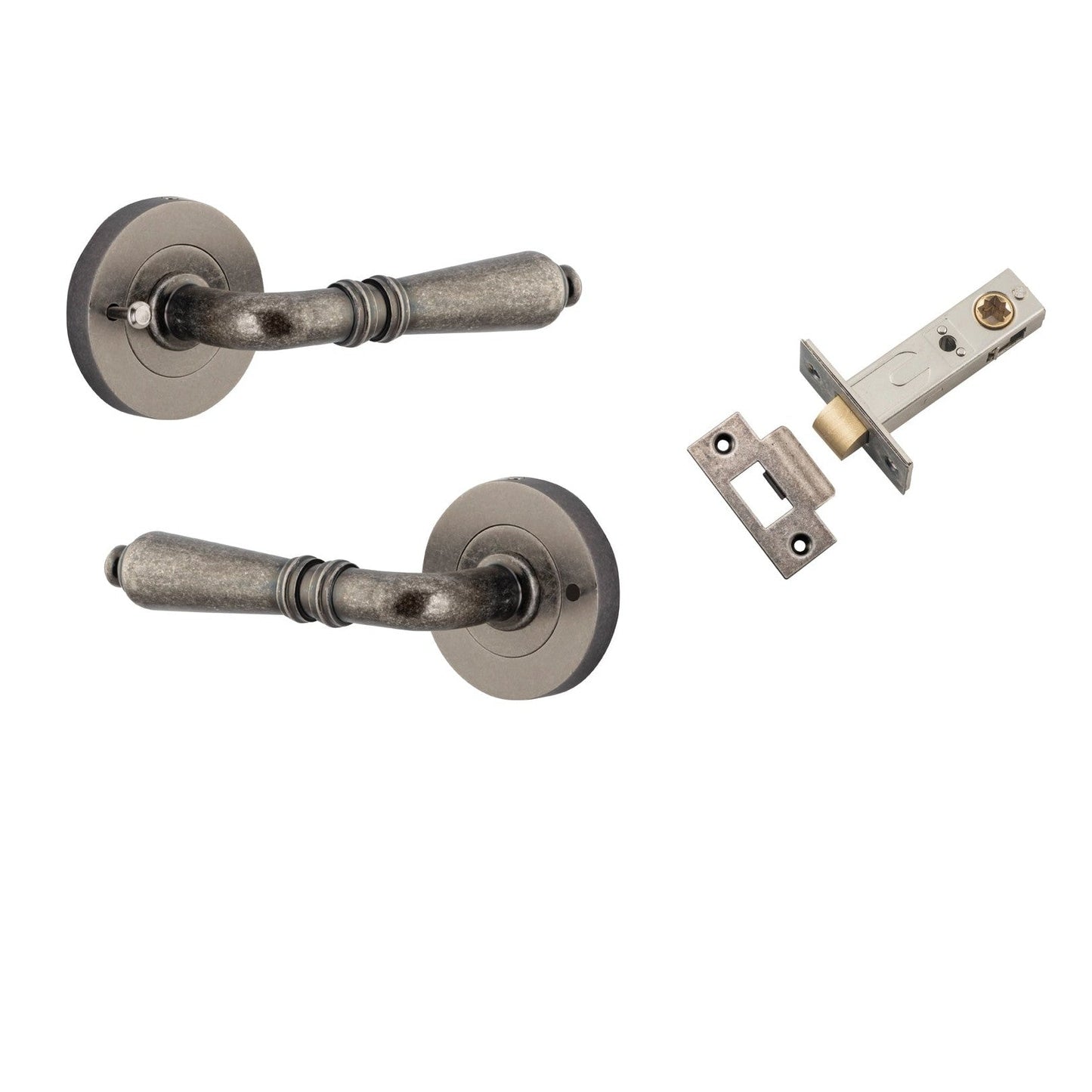 Iver Door Handle Sarlat Round Rose Inbuilt Privacy Pair Kit Distressed Nickel