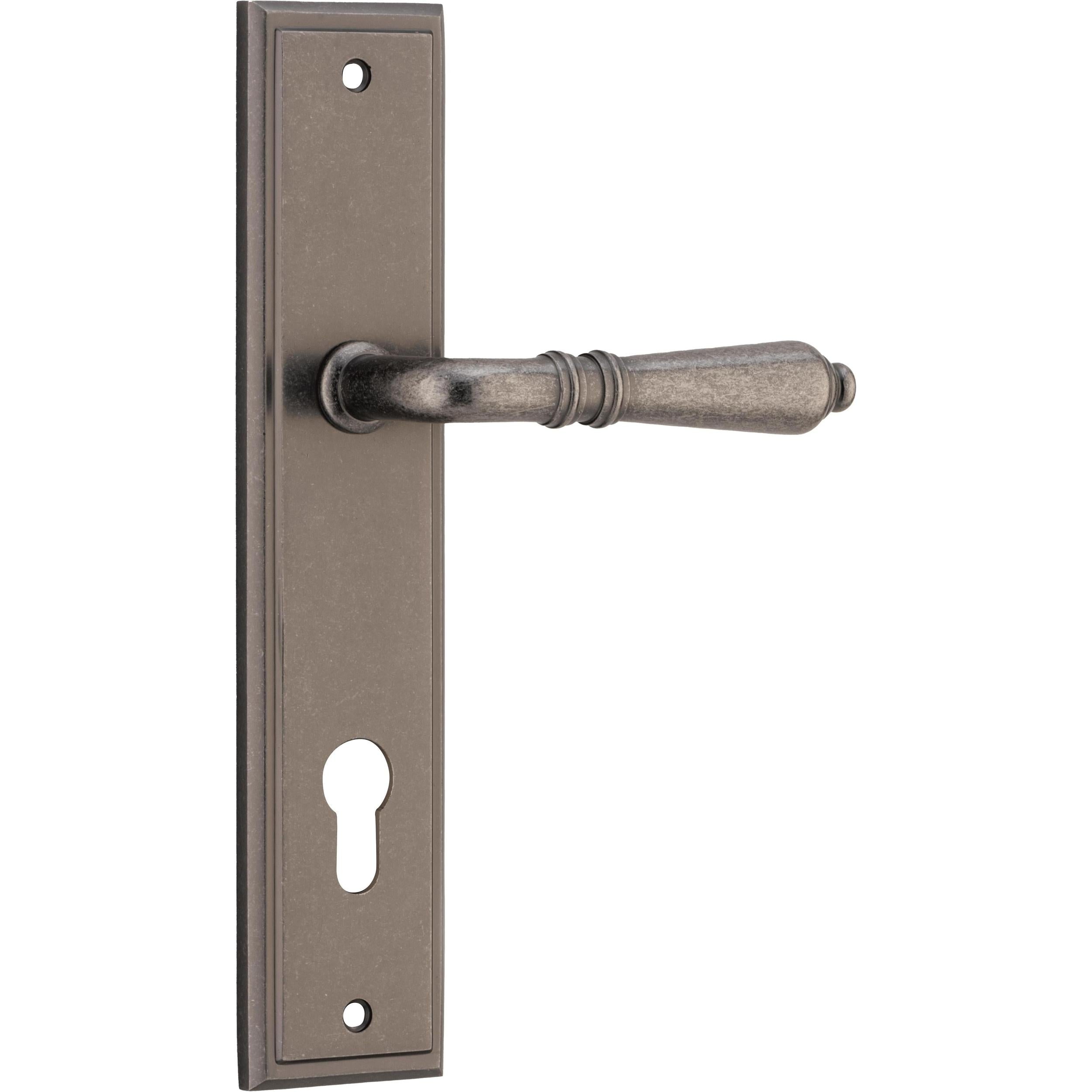 Iver Door Handle Sarlat Stepped Euro Pair Distressed Nickel