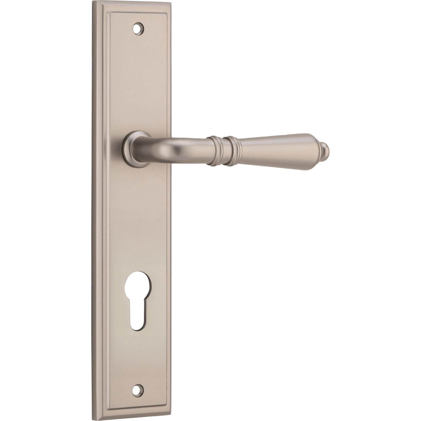 Iver Door Handle Sarlat Stepped Euro Pair Satin Nickel