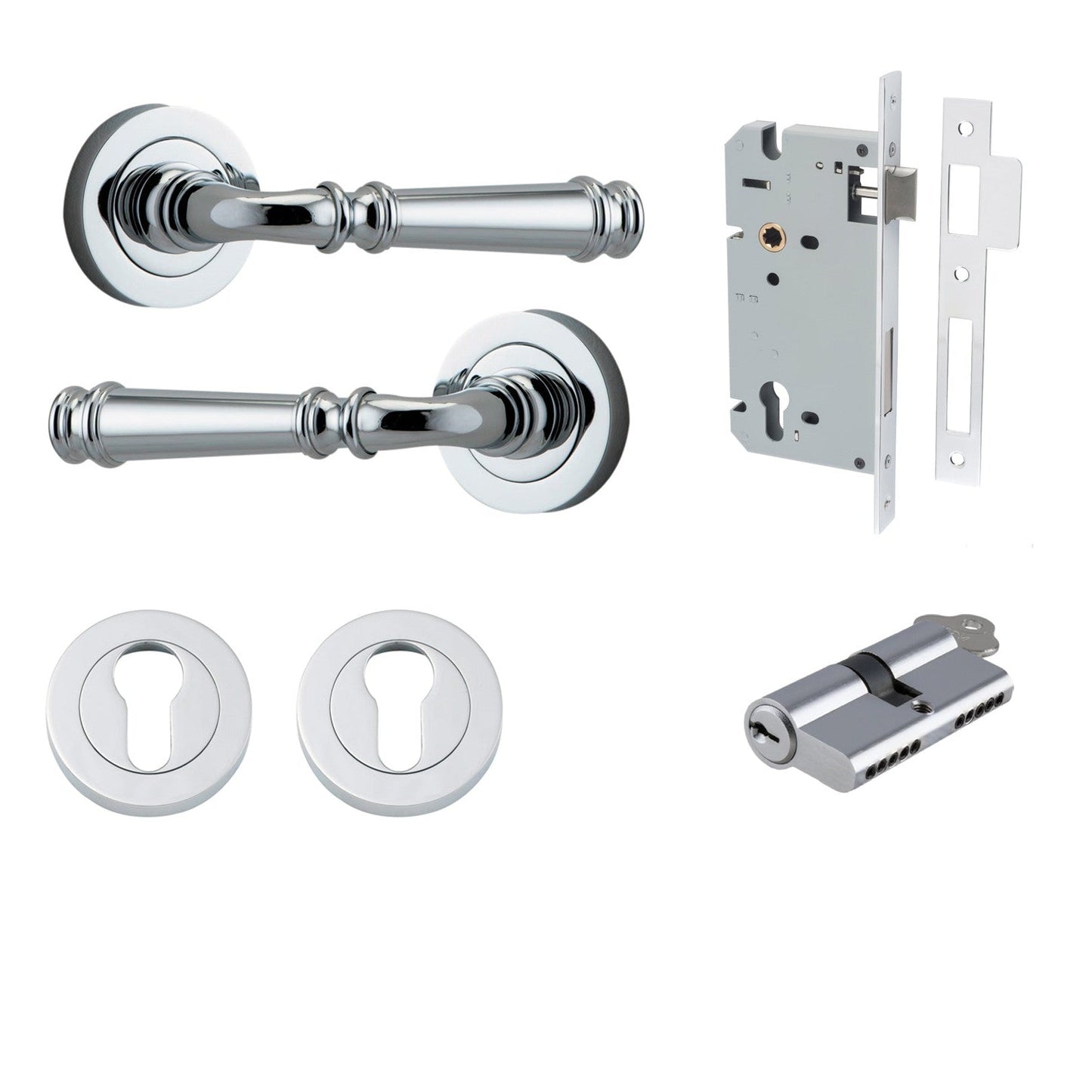 Iver Door Handle Verona Round Rose Pair Key/Key Polished Chrome Entrance Kit