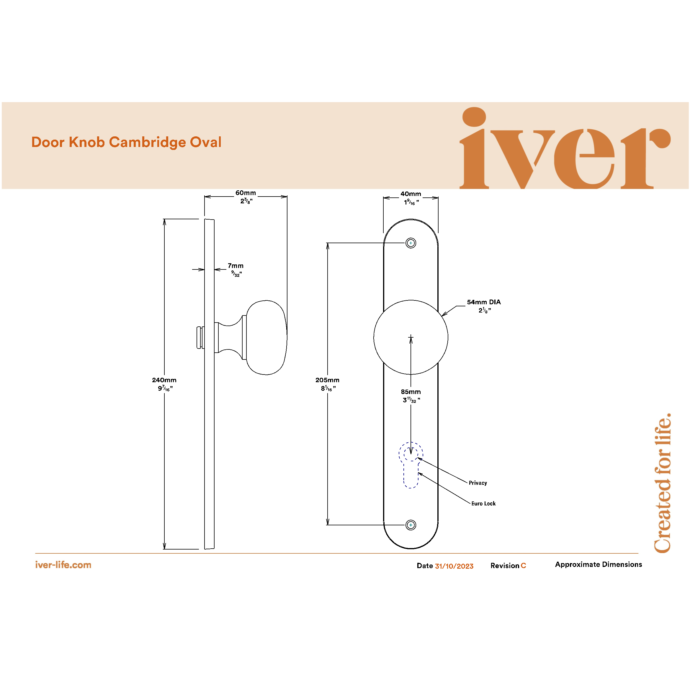 Iver Door Knob Cambridge Oval Privacy Pair Signature Brass