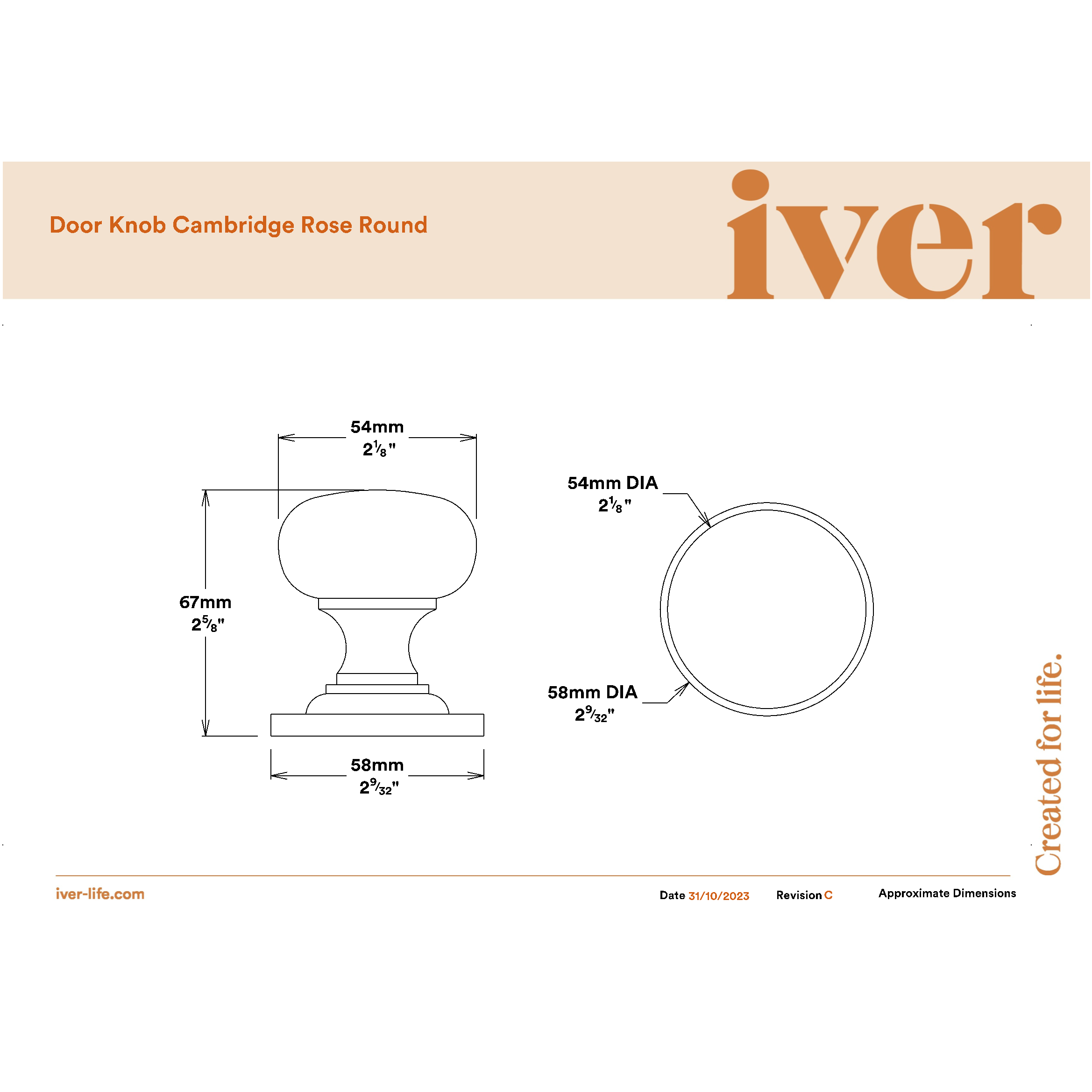 Iver Door Knob Cambridge Round Rose Concealed Fix Pair Signature Brass
