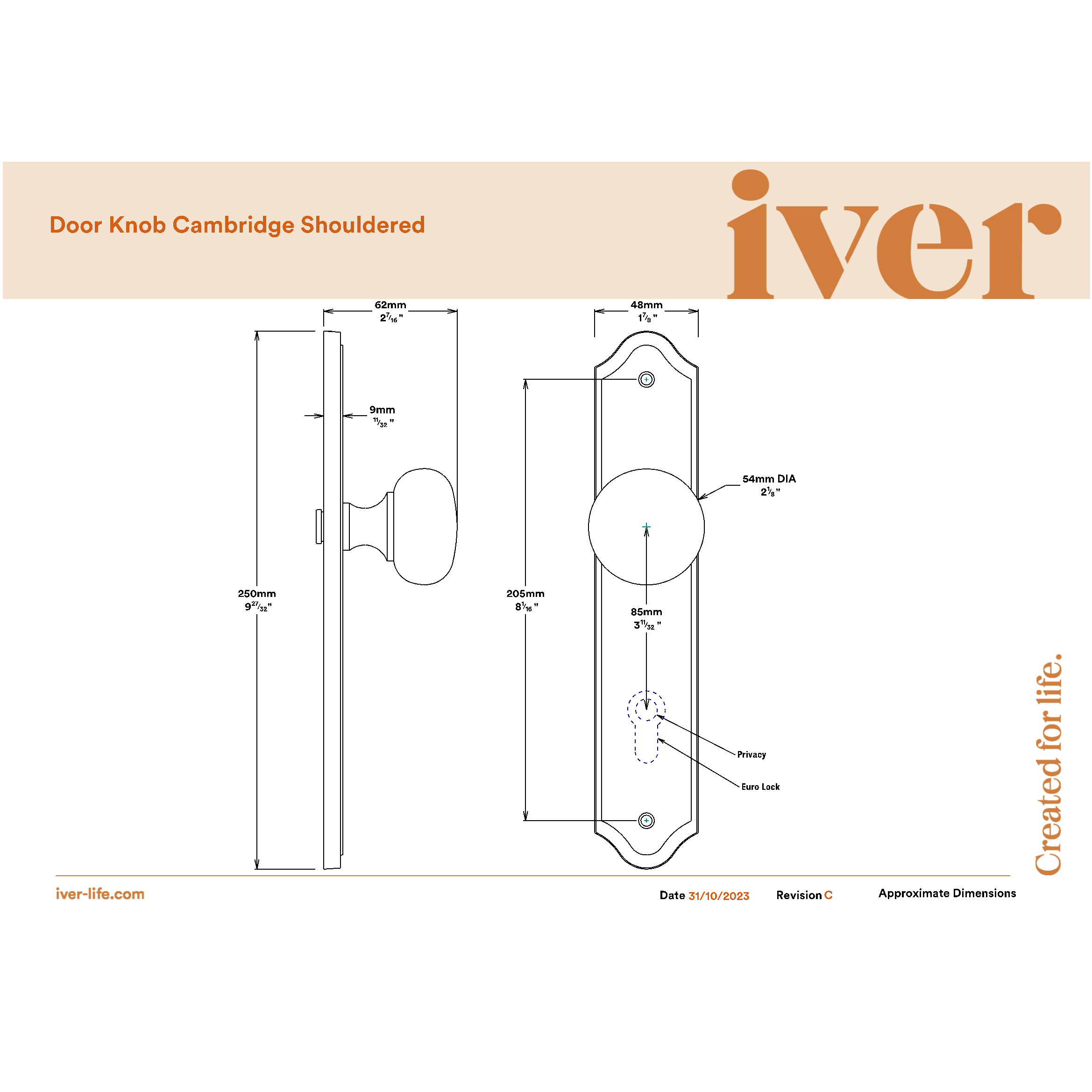 Iver Door Knob Cambridge Shouldered Euro Pair Polished Brass