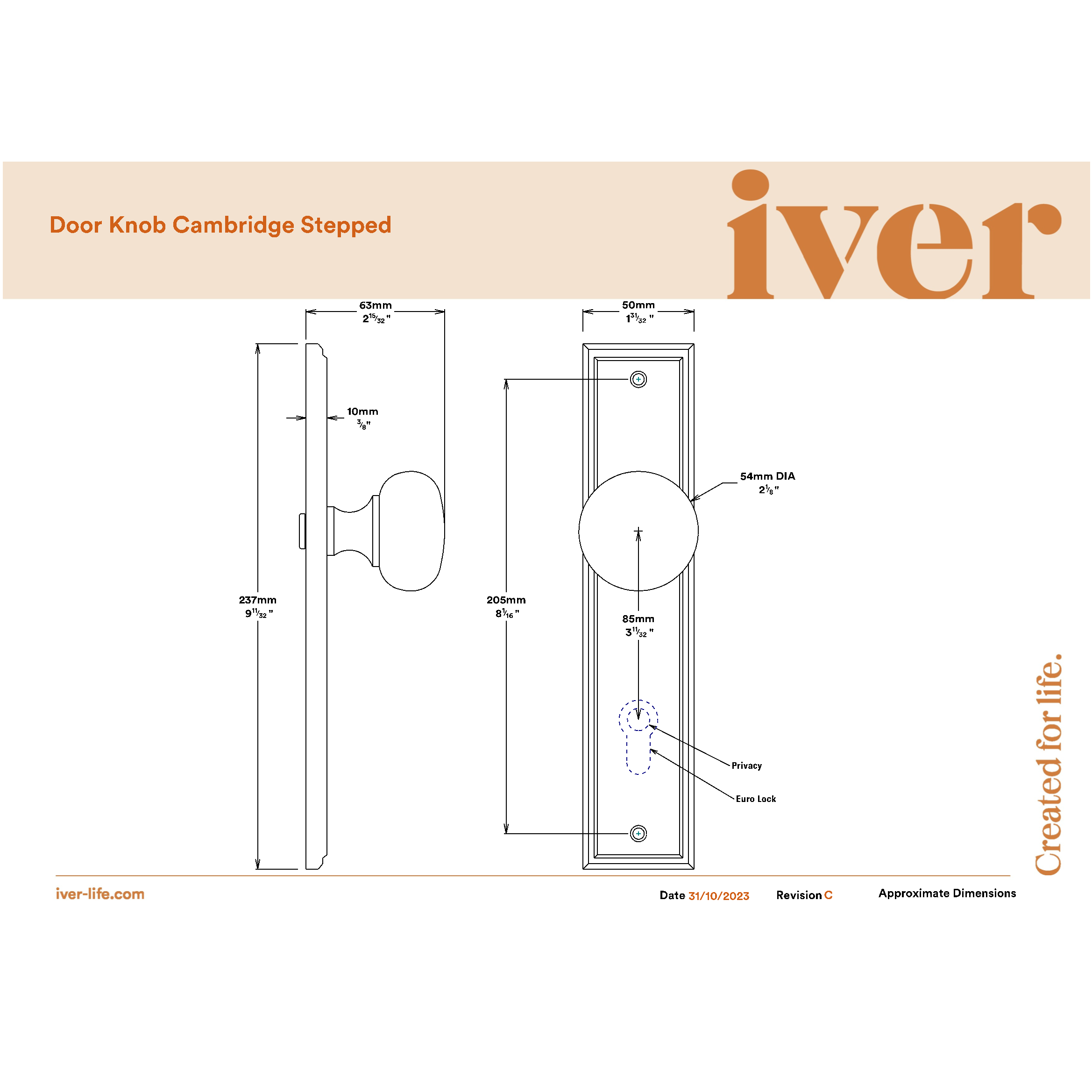Iver Door Knob Cambridge Stepped Euro Pair Signature Brass