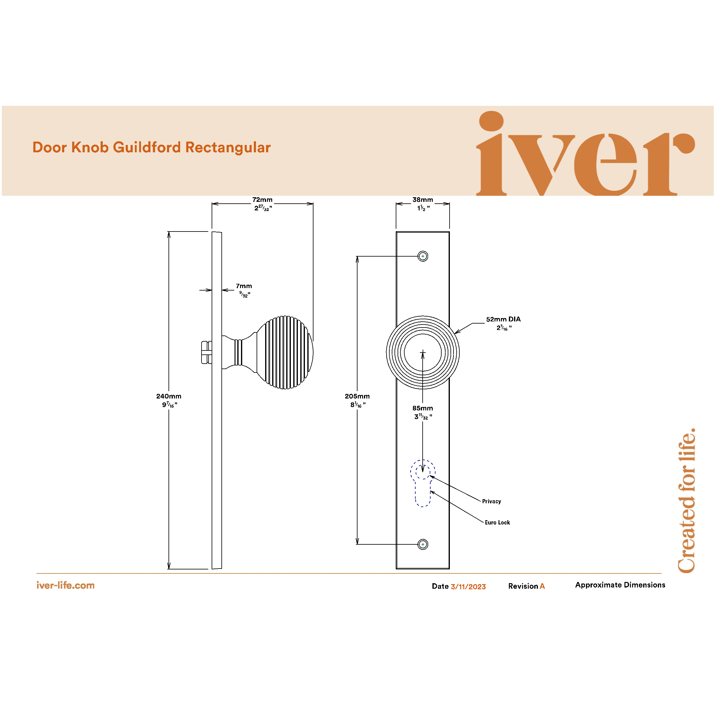 Iver Door Knob Guildford Rectangular Latch Pair Brushed Chrome