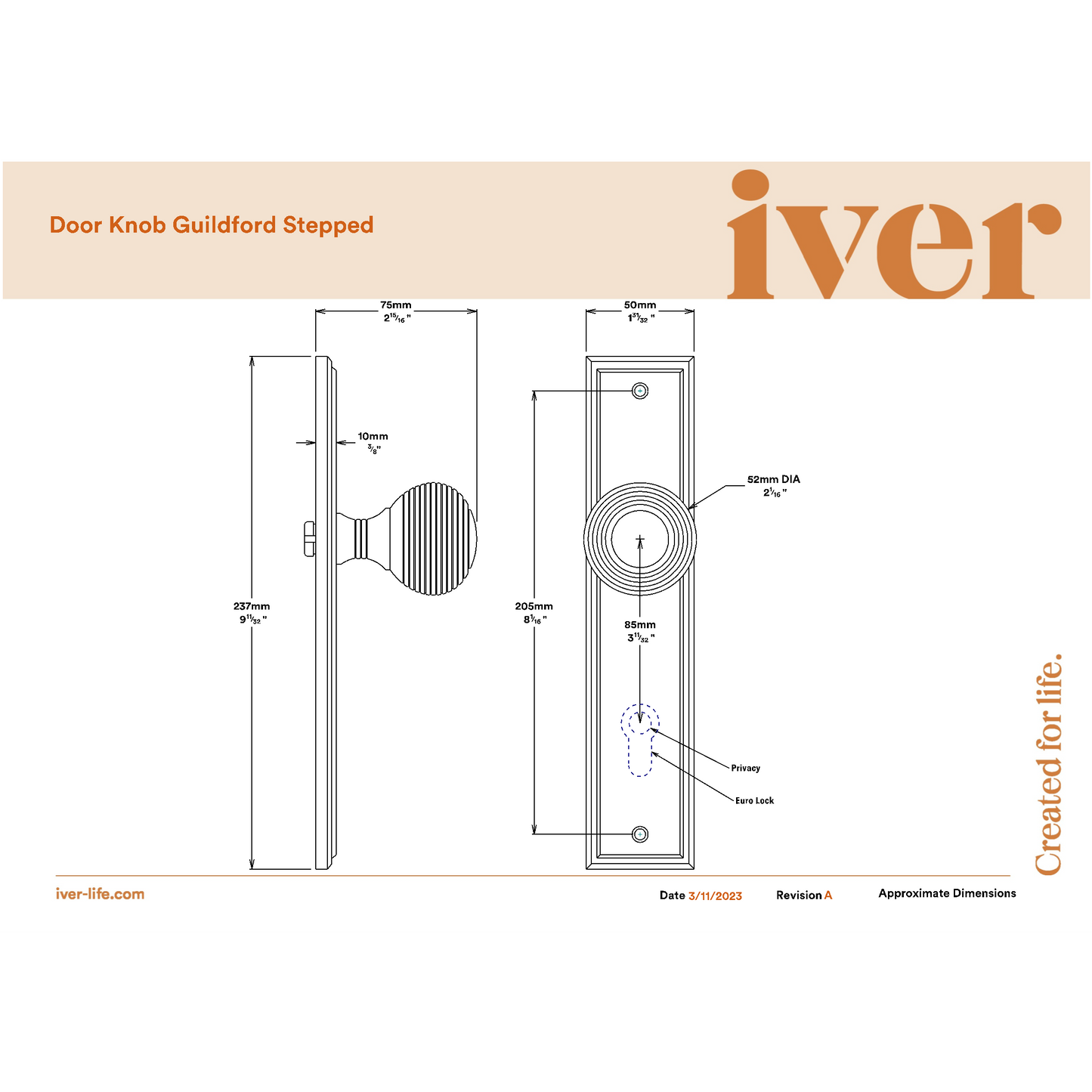 Iver Door Knob Guildford Stepped Euro Pair Brushed Chrome