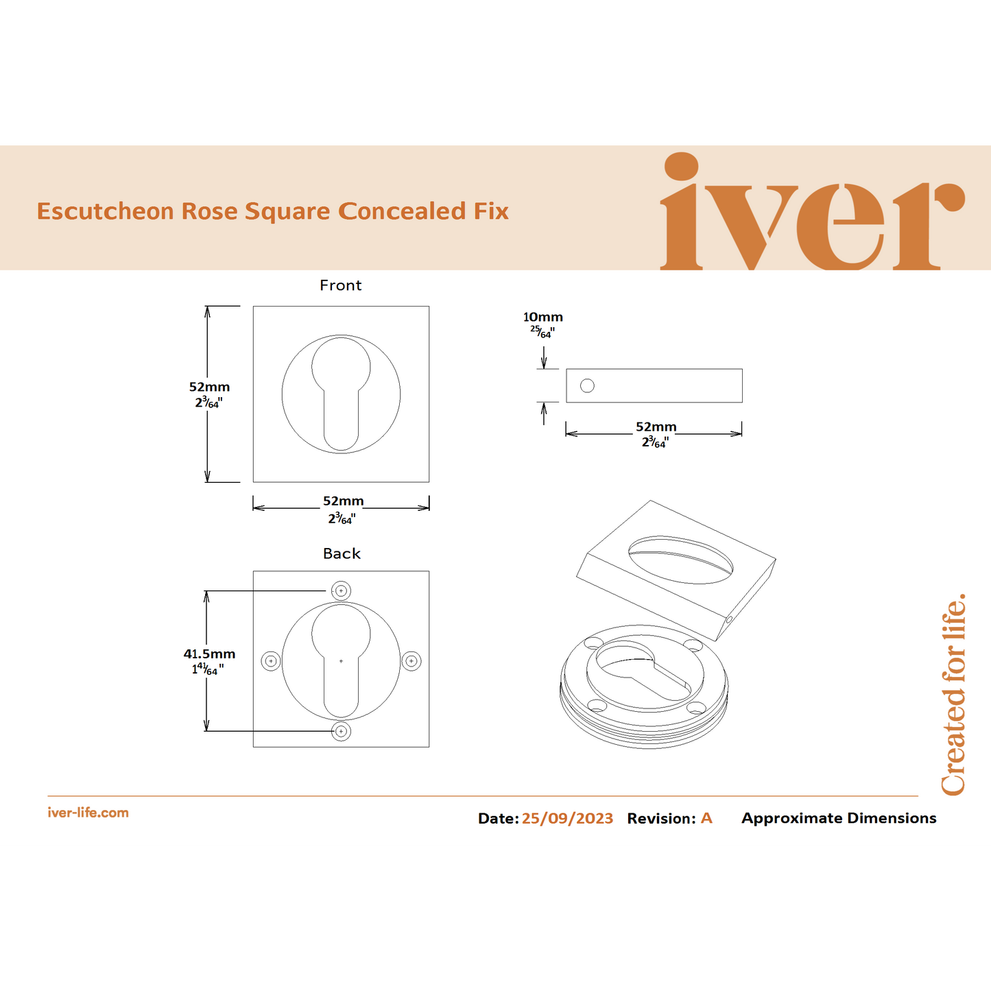 Iver Escutcheon Euro Concealed Fix Square Pair Brushed Chrome