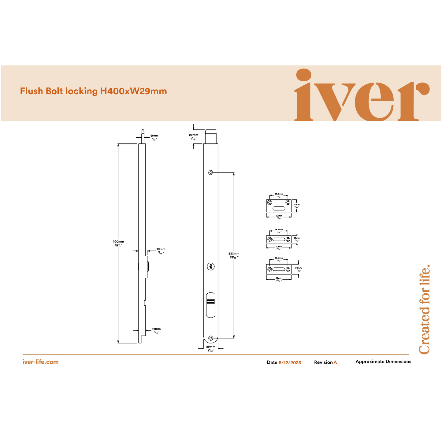 Iver Flush Bolt Locking Brushed Chrome H400mm