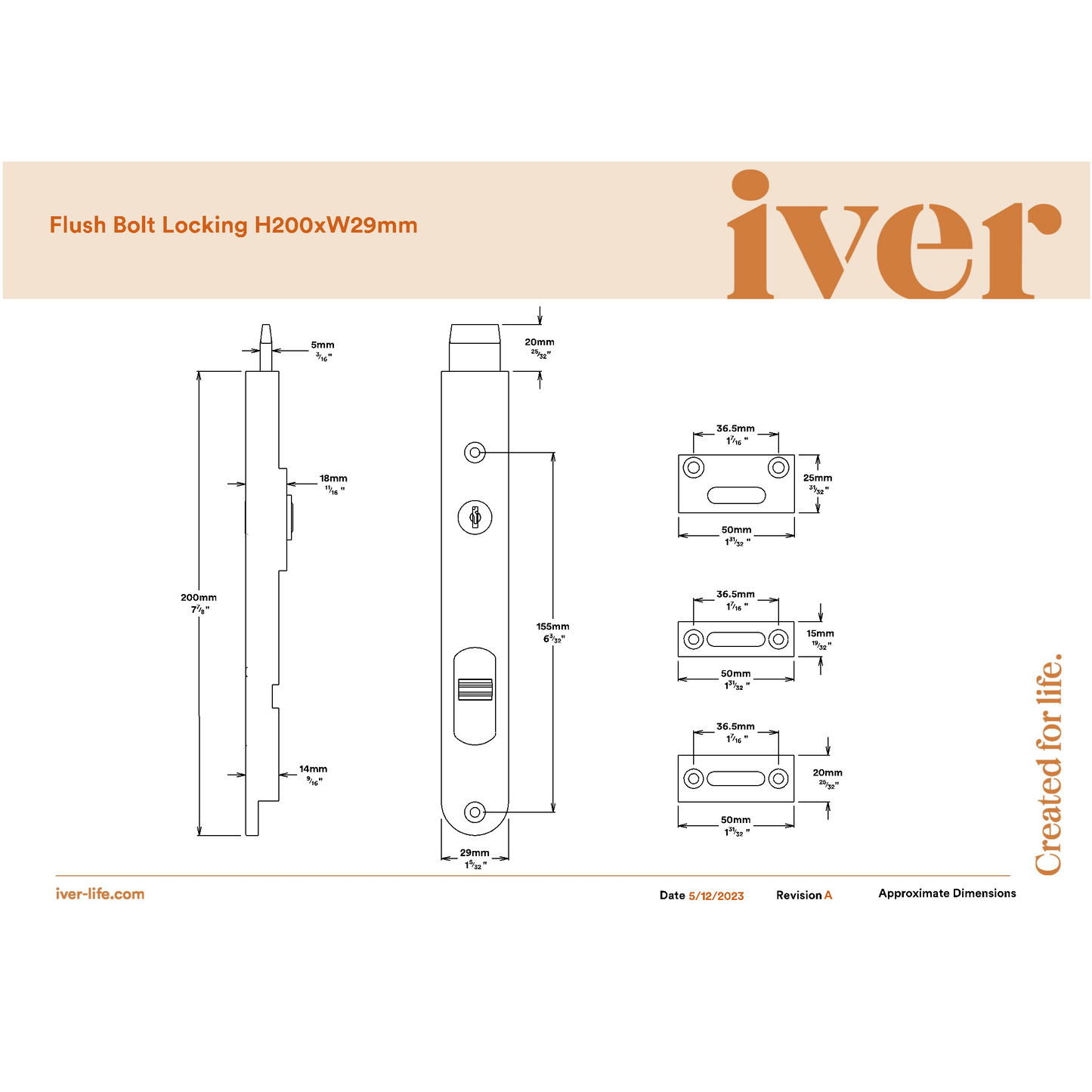 Iver Flush Bolt Locking Satin Nickel H200mm