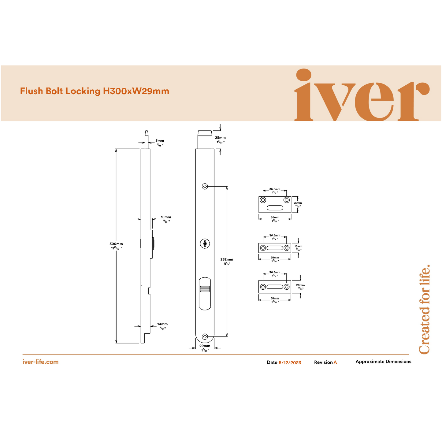 Iver Flush Bolt Locking Satin Nickel H300mm