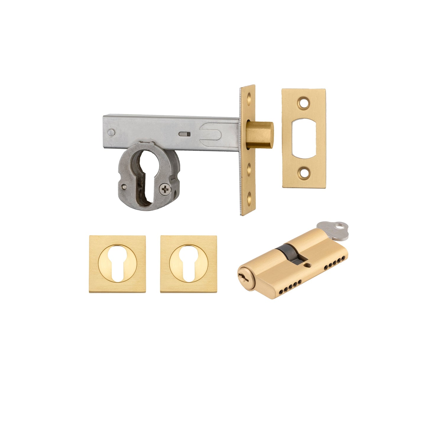 Iver Mortice Deadbolt Euro Brushed Brass Backset 60mm Key/Key Escutcheon Square Kit