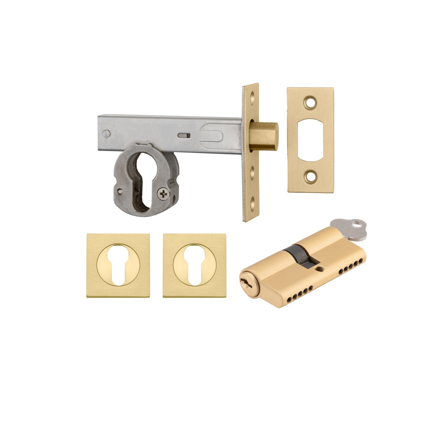 Iver Mortice Deadbolt Euro Brushed Gold PVD Backset 60mm Key/Key Escutcheon Square Kit