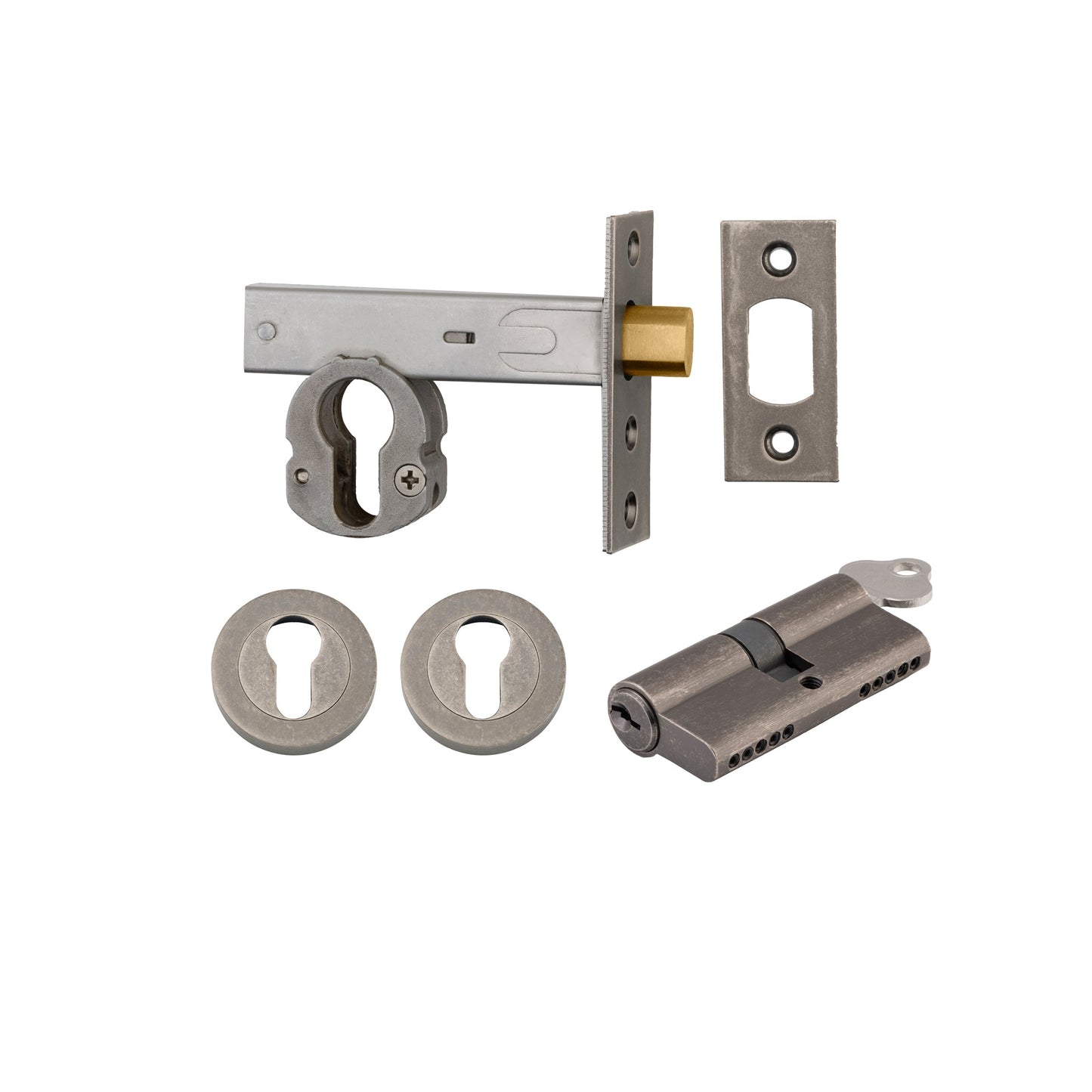 Iver Mortice Deadbolt Euro Distressed Nickel Backset 60mm Key/Key Escutcheon Round Kit