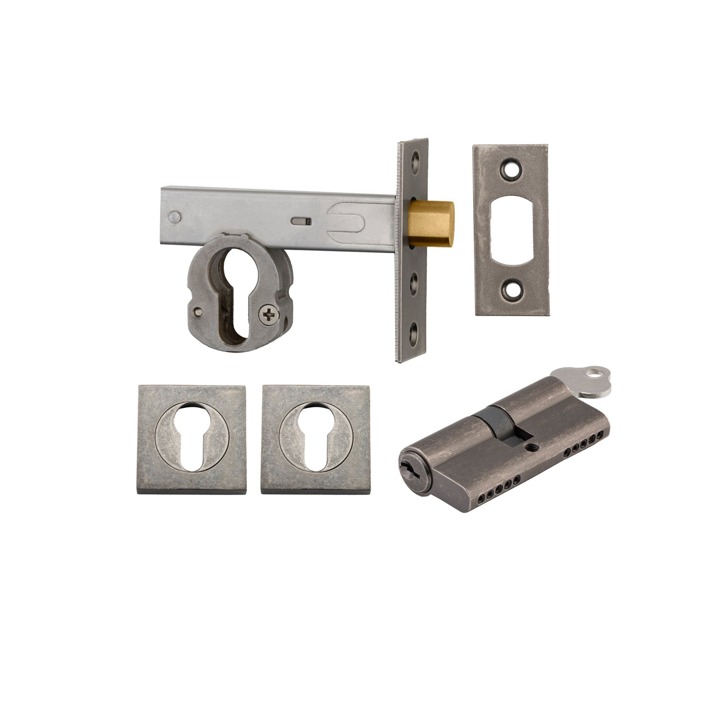 Iver Mortice Deadbolt Euro Distressed Nickel Backset 60mm Key/Key Escutcheon Square Kit