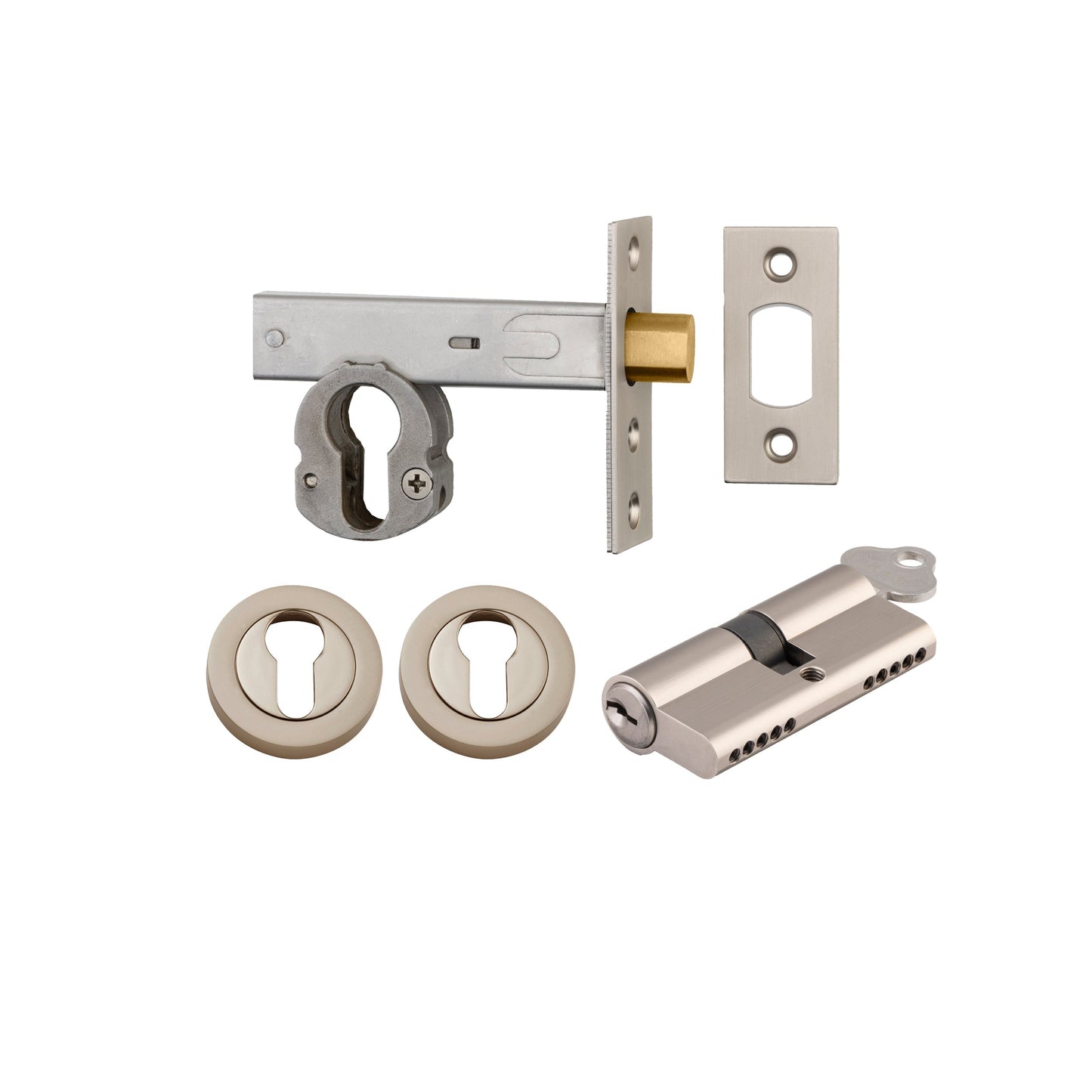 Iver Mortice Deadbolt Euro Satin Nickel Backset 60mm Key/Key Escutcheon Round Kit