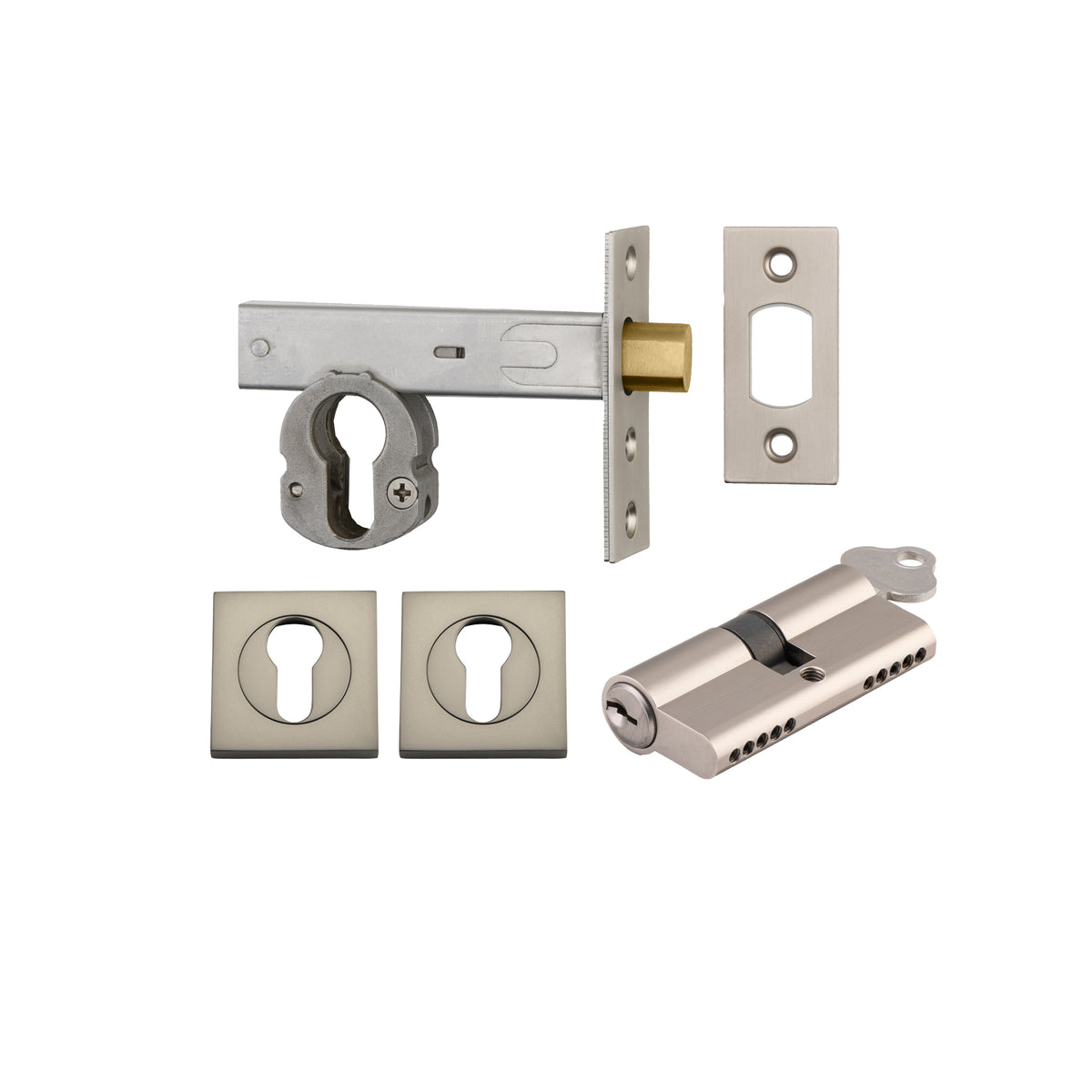 Iver Mortice Deadbolt Euro Satin Nickel Backset 70mm Key/Key Escutcheon Square Kit
