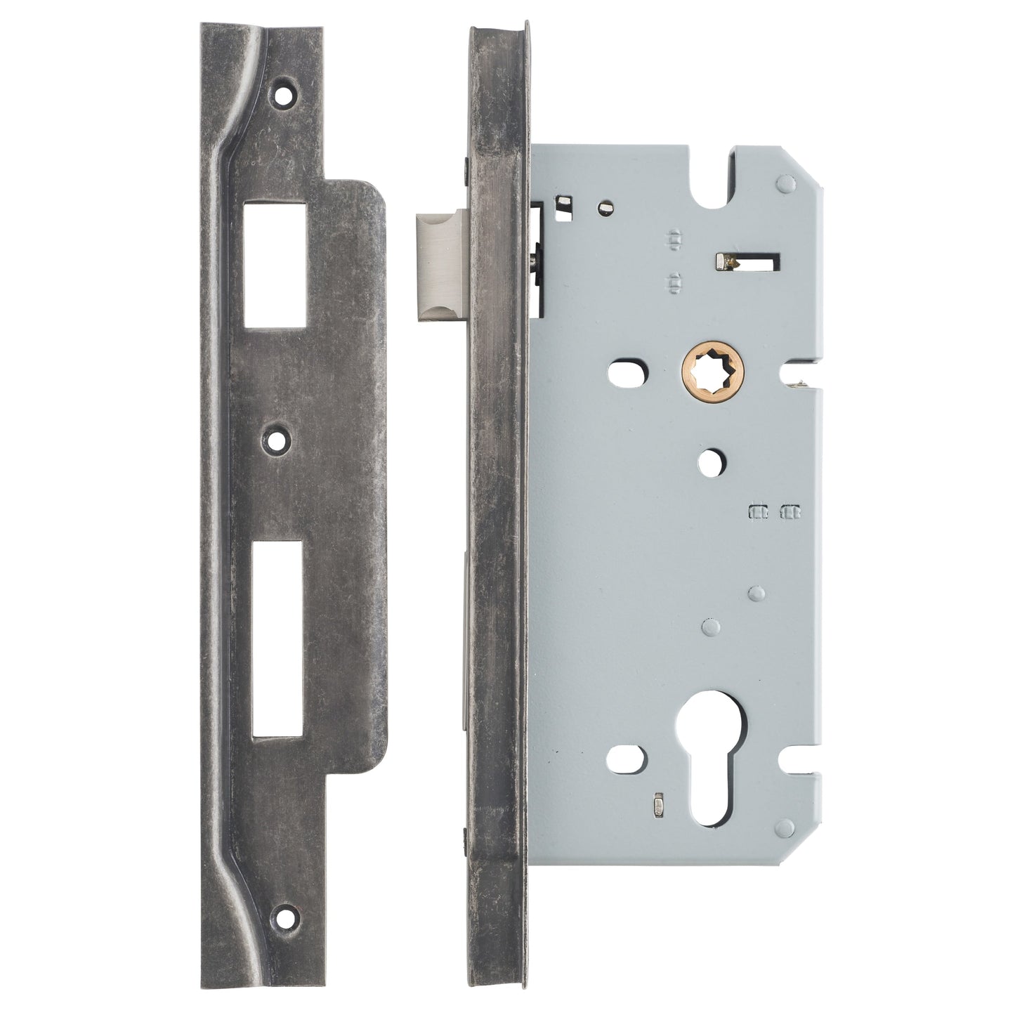 Iver Mortice Lock Euro Rebated Distressed Nickel CTC85mm Backset 60mm