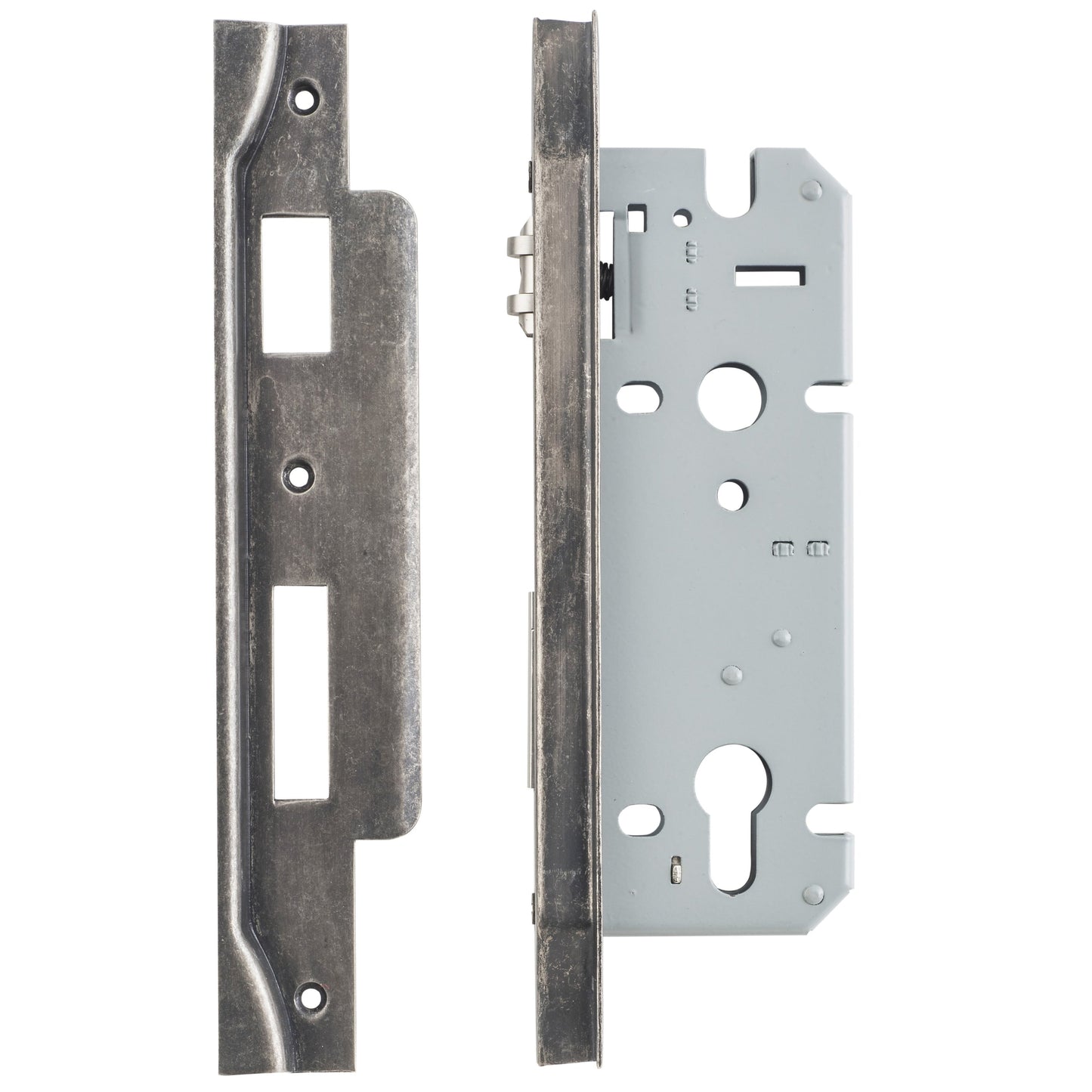 Iver Mortice Lock Roller Euro Rebated Distressed Nickel CTC85mm Backset 45mm