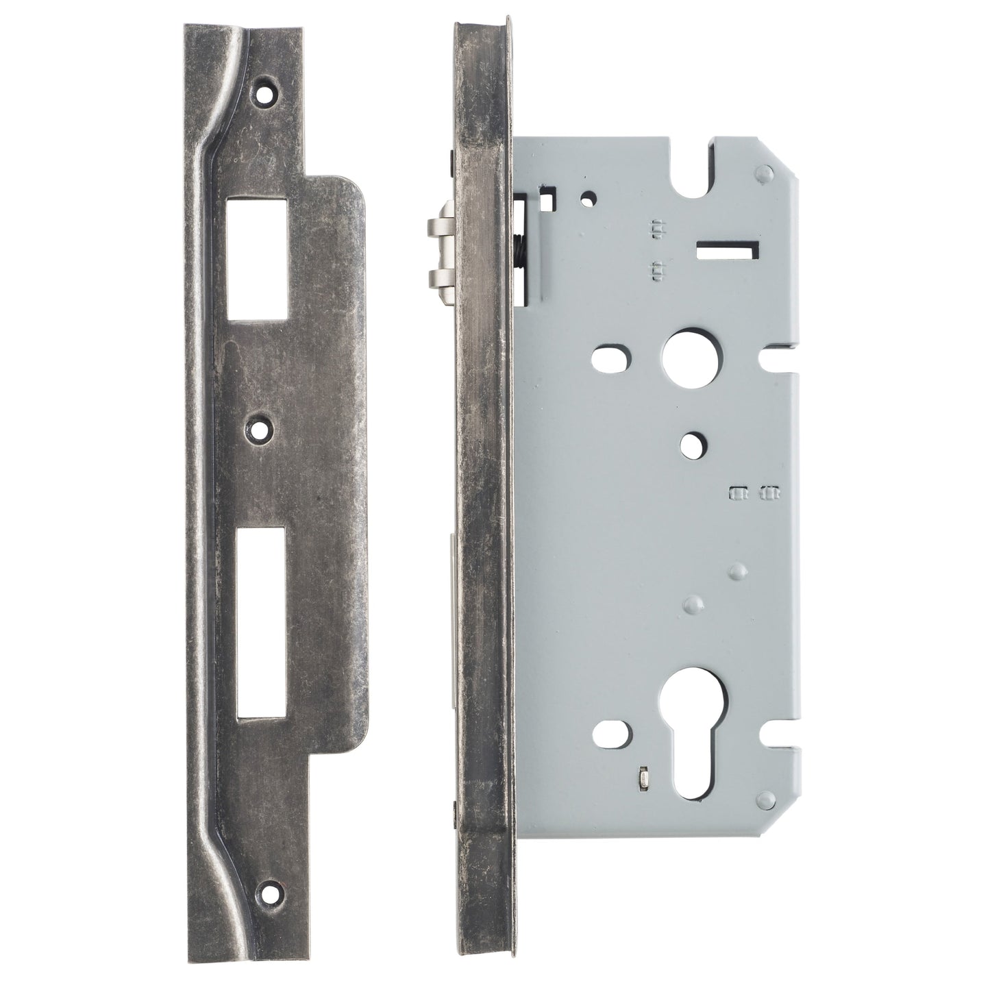 Iver Mortice Lock Roller Euro Rebated Distressed Nickel CTC85mm Backset 60mm